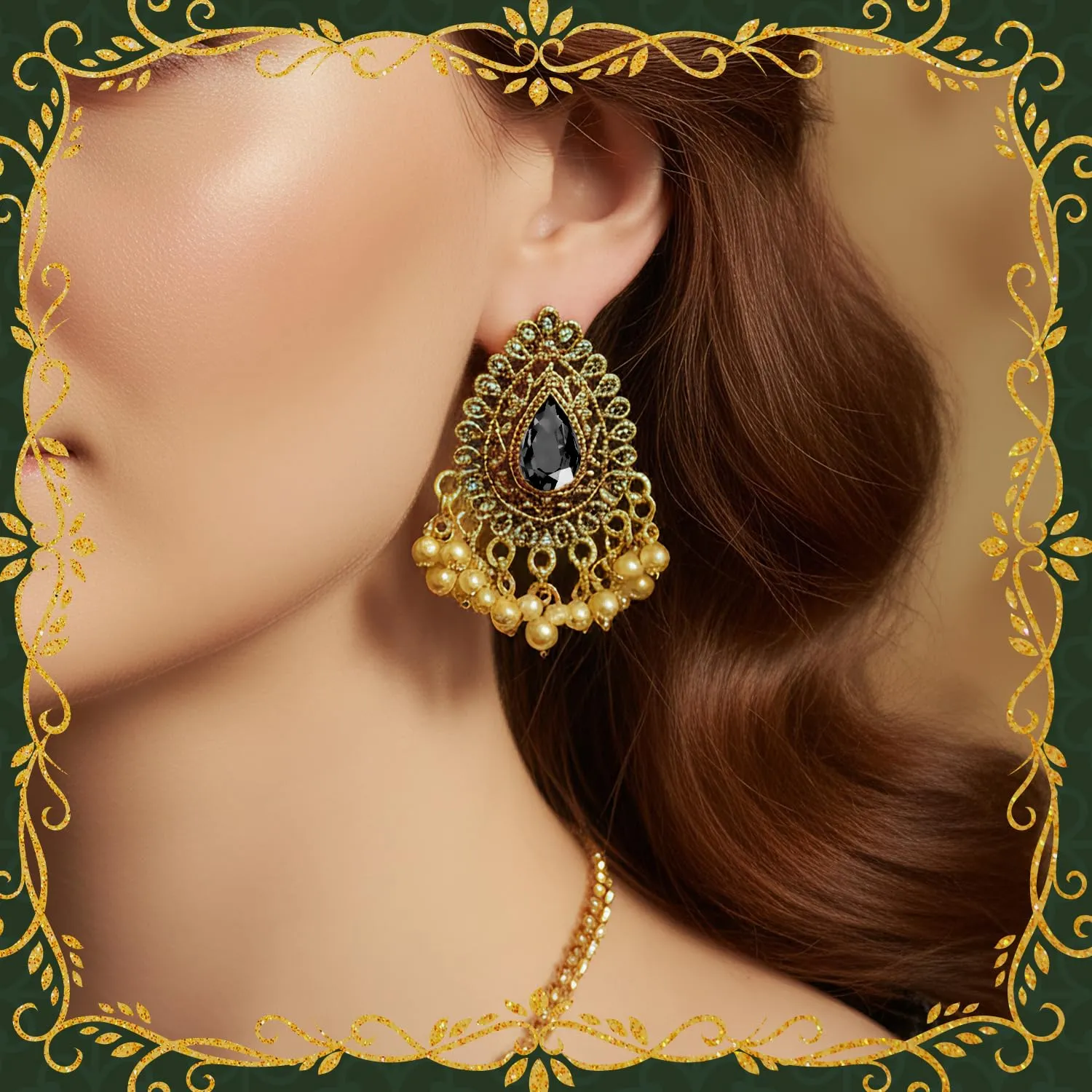 VLYX Set di Gioielli Tradizionali Indiani per Donna, Collana e Orecchini Jhumka per Abiti da Matrimonio o Festa (Nero) - immagine 5