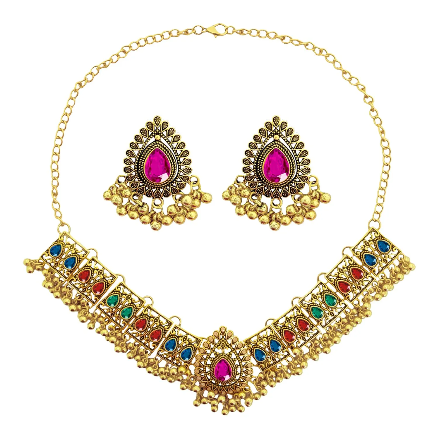 VLYX Set di Gioielli Tradizionali Indiani per Donna, Collana e Orecchini Jhumka per Abiti da Cerimonia e Festa (Colorato) - immagine 1