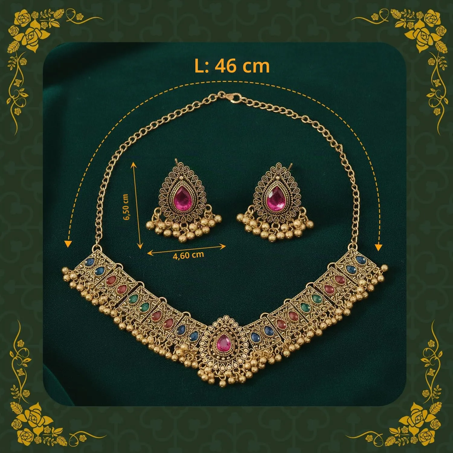 VLYX Set di Gioielli Tradizionali Indiani per Donna, Collana e Orecchini Jhumka per Abiti da Cerimonia e Festa (Colorato) - immagine 4