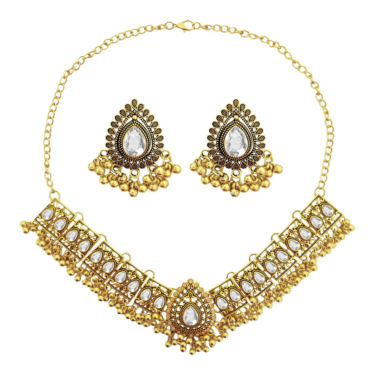 VLYX Set di Gioielli Tradizionali Indiani per Donna, Collana e Orecchini Jhumka per Outfit da Cerimonia (Bianco) - immagine 1