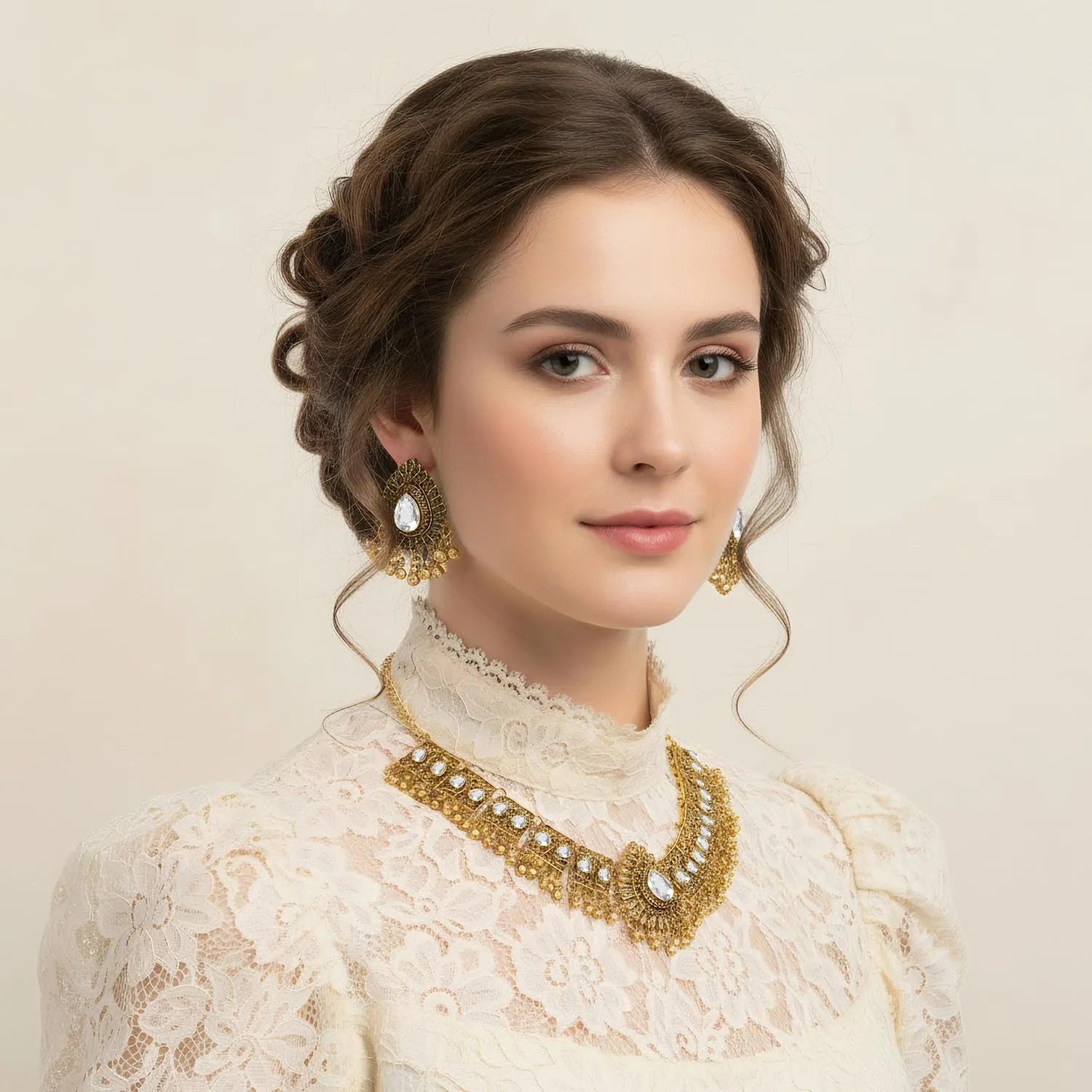 VLYX Set di Gioielli Tradizionali Indiani per Donna, Collana e Orecchini Jhumka per Outfit da Cerimonia (Bianco) - immagine 2