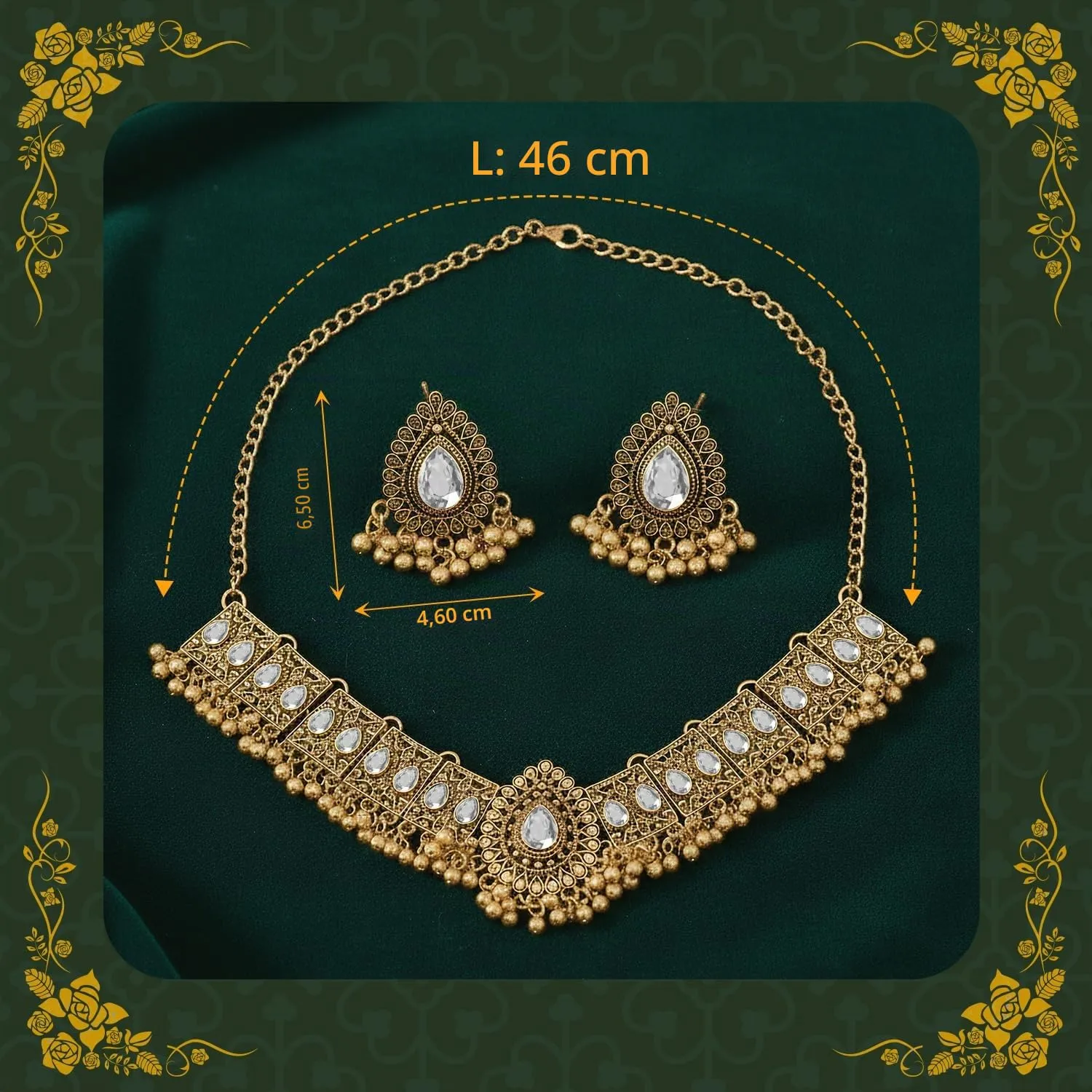 VLYX Set di Gioielli Tradizionali Indiani per Donna, Collana e Orecchini Jhumka per Outfit da Cerimonia (Bianco) - immagine 4