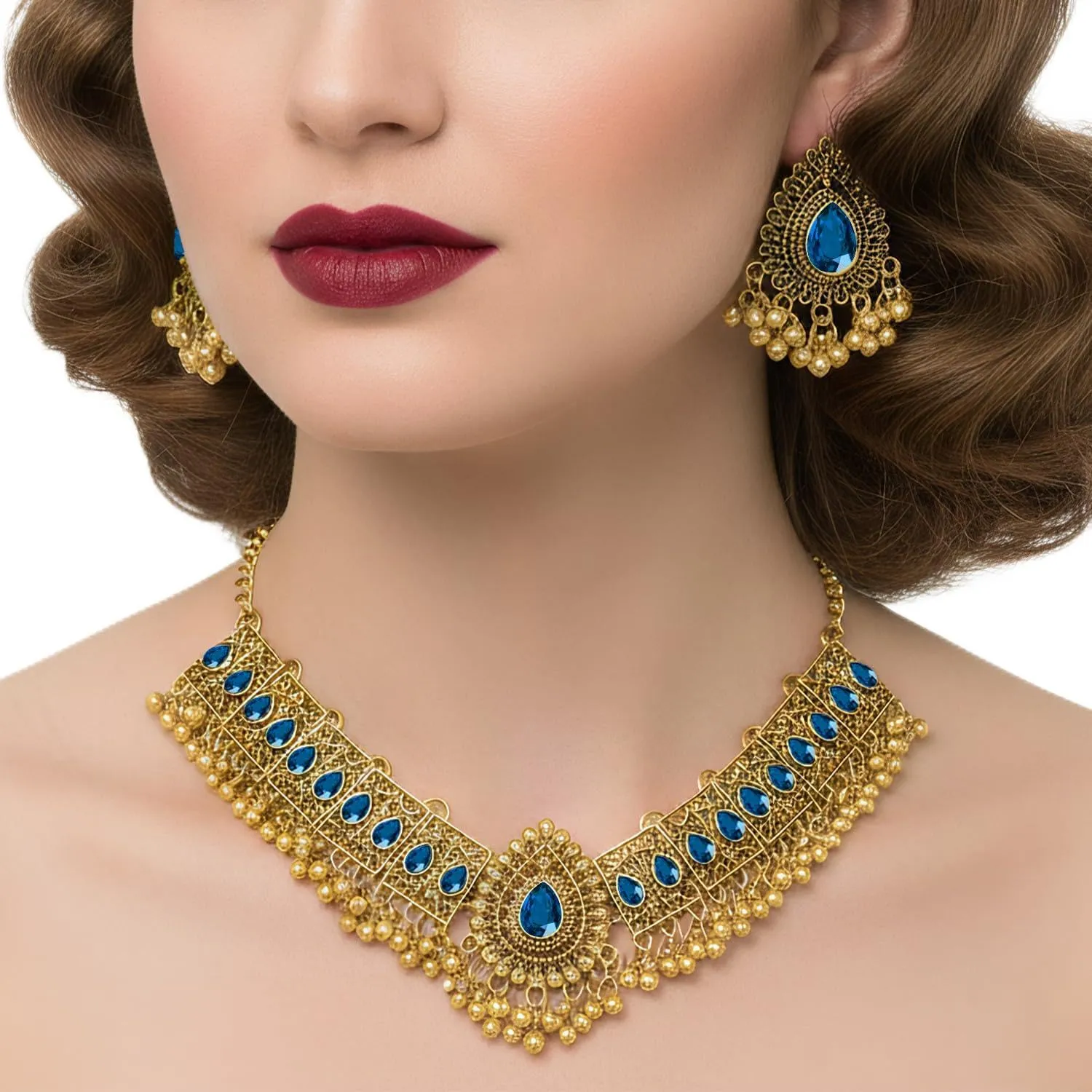 VLYX Gioielli Tradizionali Indiani per Donne, Set Collana e Orecchini Jhumka per Matrimonio e Festa (Blu) - immagine 1