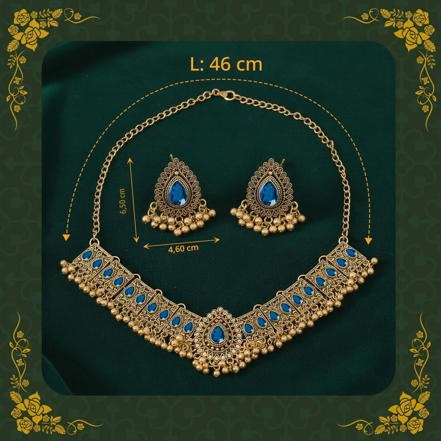 VLYX Gioielli Tradizionali Indiani per Donne, Set Collana e Orecchini Jhumka per Matrimonio e Festa (Blu) - immagine 4