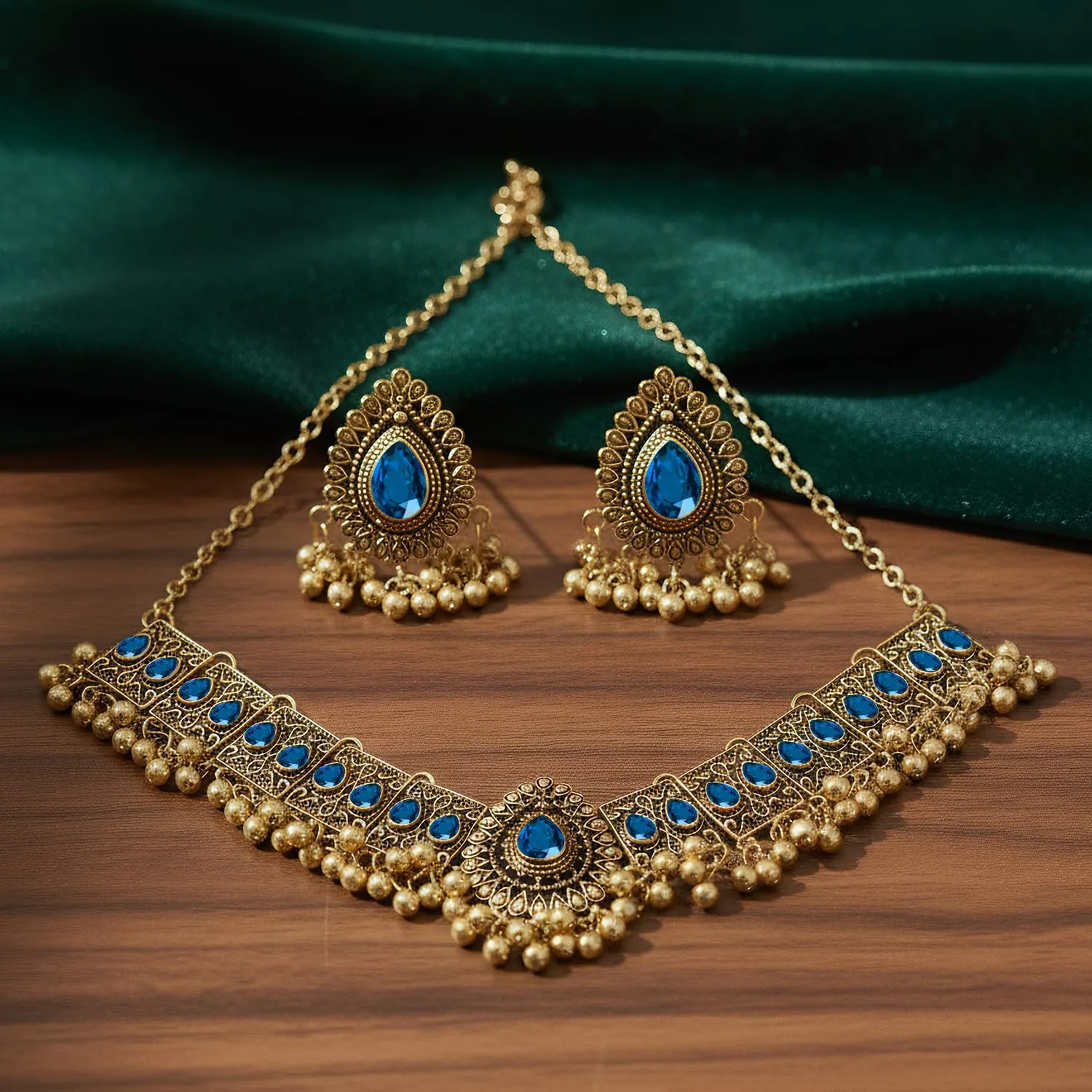 VLYX Gioielli Tradizionali Indiani per Donne, Set Collana e Orecchini Jhumka per Matrimonio e Festa (Blu) - immagine 6