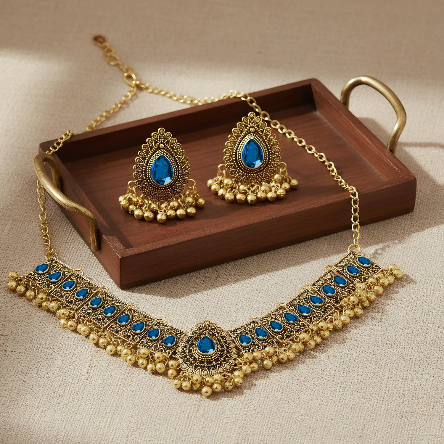 VLYX Gioielli Tradizionali Indiani per Donne, Set Collana e Orecchini Jhumka per Matrimonio e Festa (Blu) - immagine 7