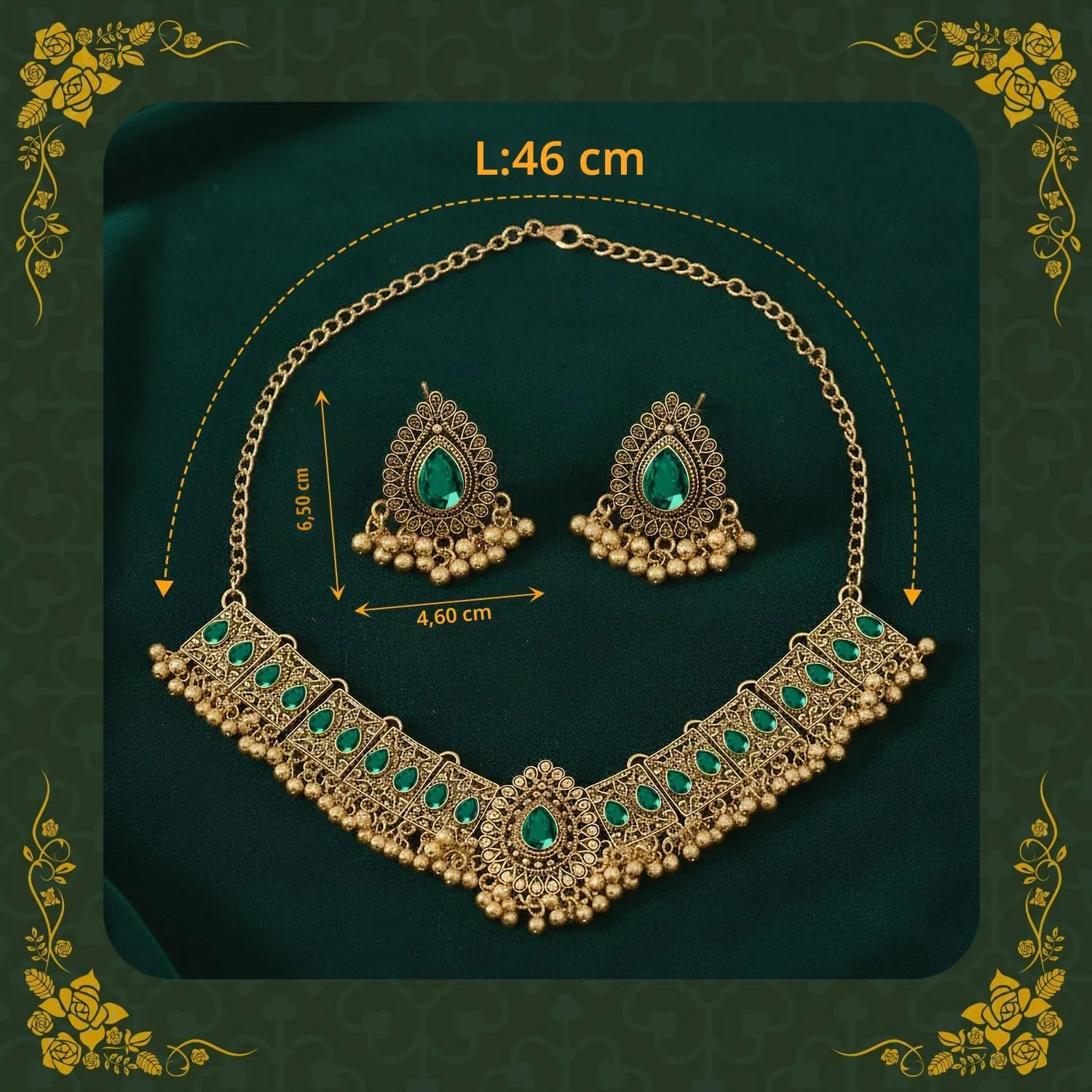 VLYX Set di Gioielli Tradizionali Indiani per Donna, Collana e Orecchini Jhumka per Matrimoni e Feste (Verde) - immagine 4