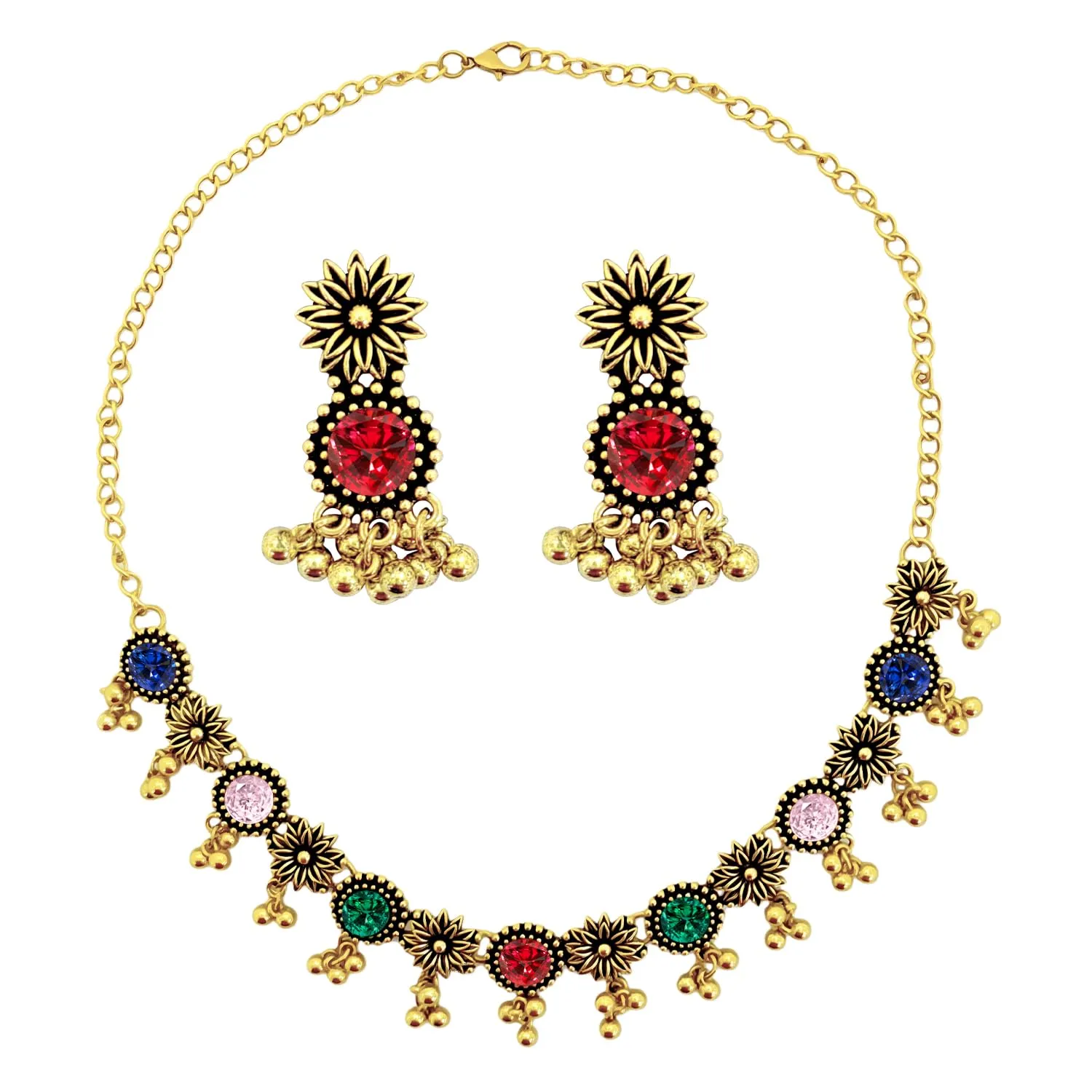 VLYX Set di gioielli tradizionali indiani per donne, Collana e orecchini Jhumka, Stile boho etnico, Regalo matrimonio festa (Colorato) - immagine 1