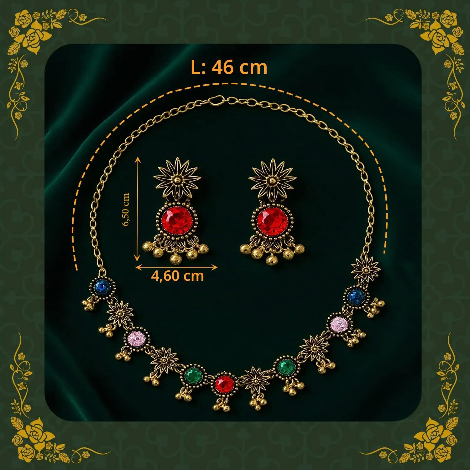 VLYX Set di gioielli tradizionali indiani per donne, Collana e orecchini Jhumka, Stile boho etnico, Regalo matrimonio festa (Colorato) - immagine 4