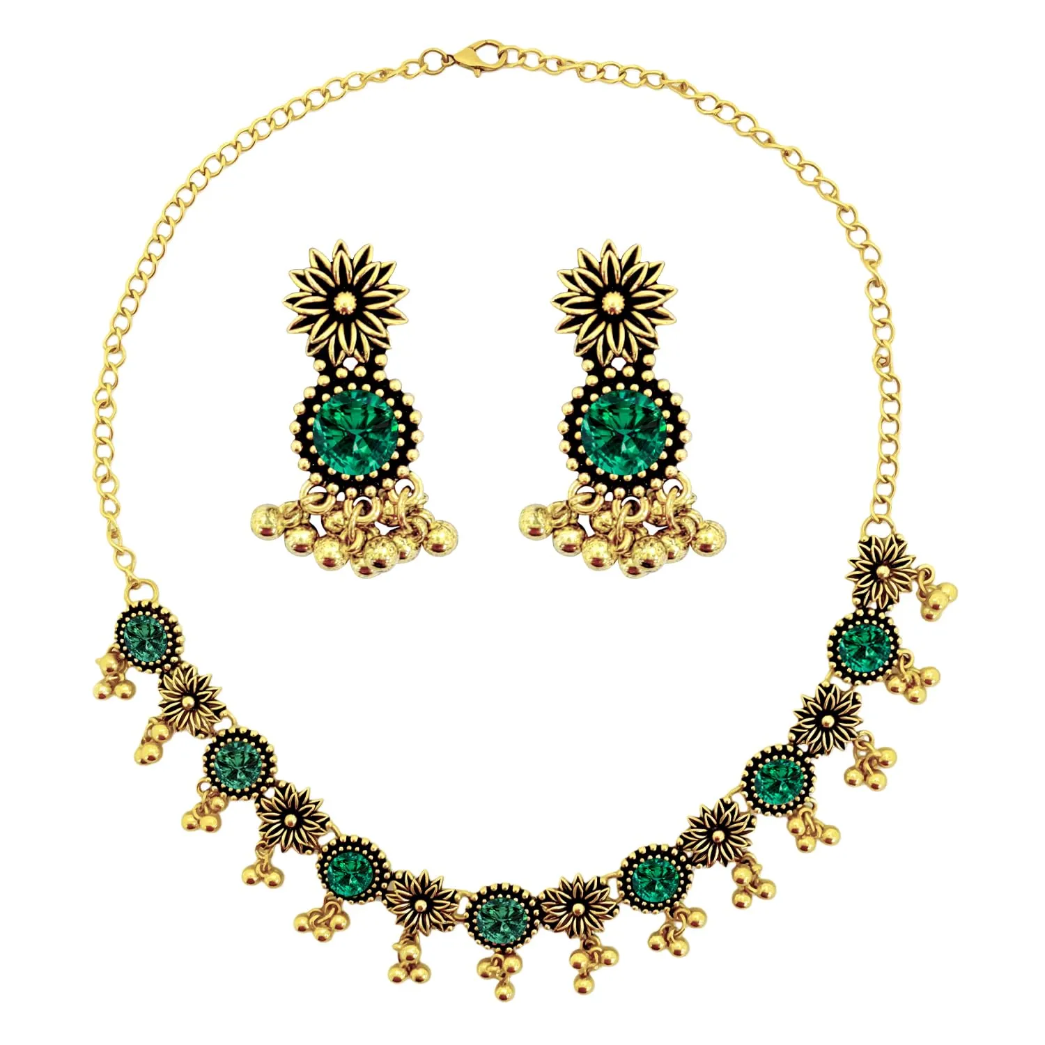 VLYX Set di gioielli tradizionali indiani per donna, collana e orecchini Jhumka, stile Boho etnico, matrimonio, regalo (Verde) - immagine 1