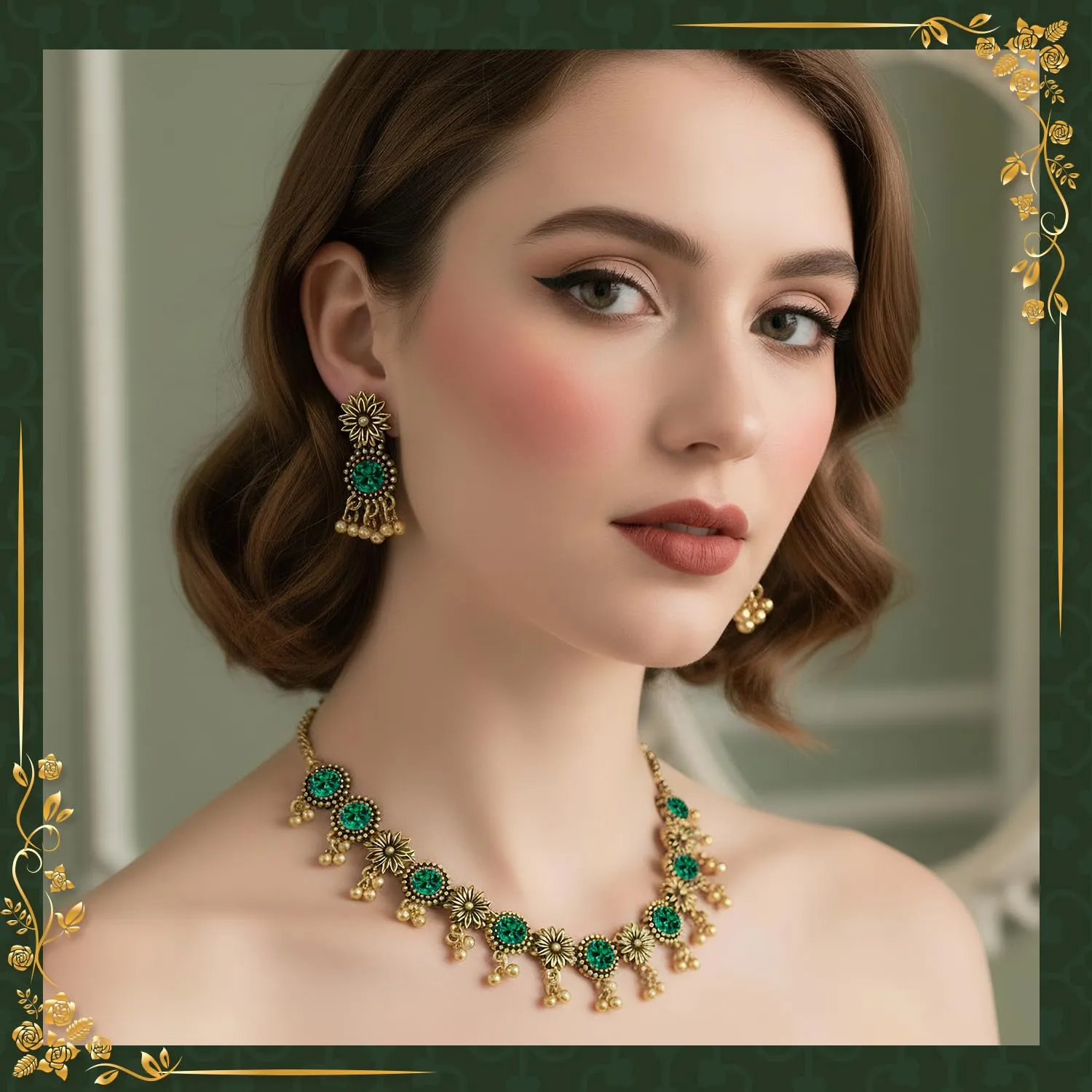 VLYX Set di gioielli tradizionali indiani per donna, collana e orecchini Jhumka, stile Boho etnico, matrimonio, regalo (Verde) - immagine 3