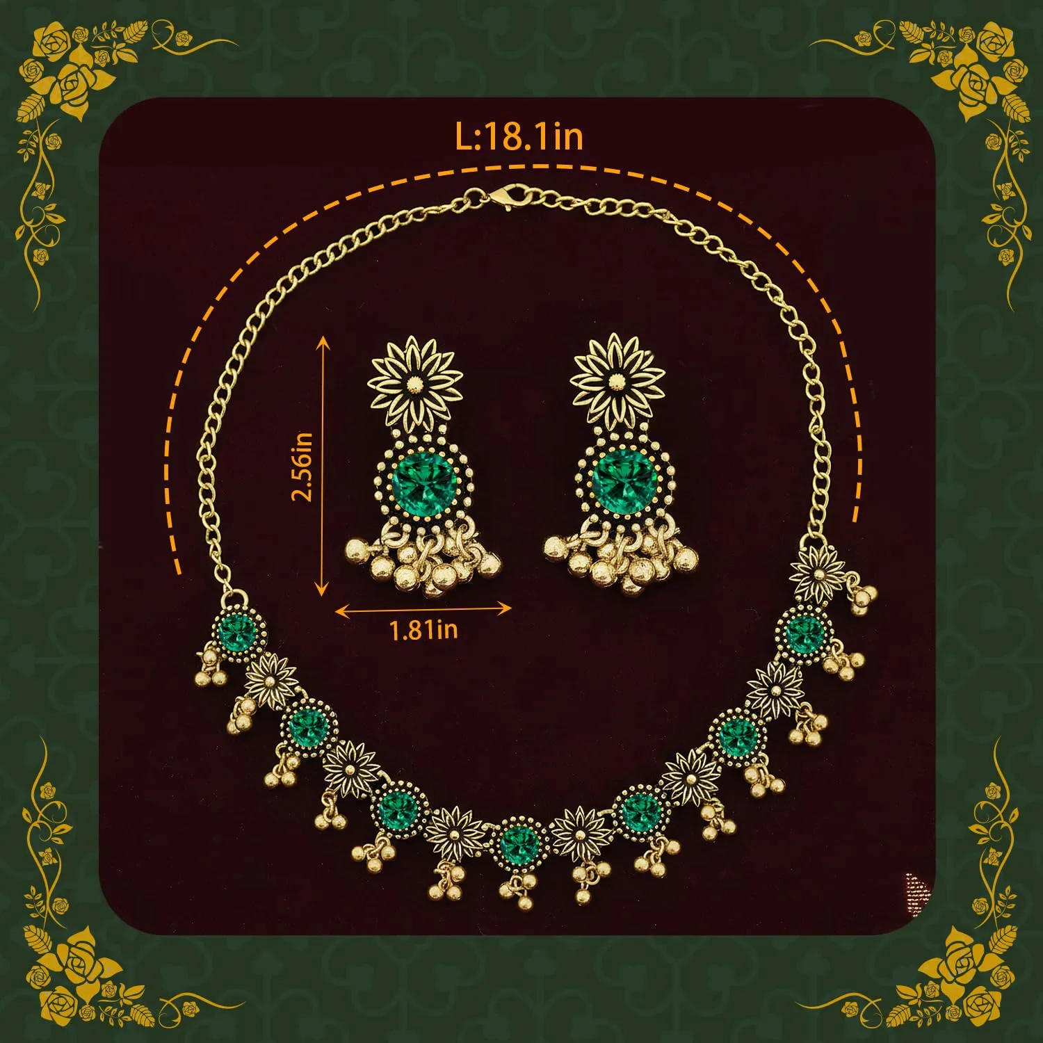 VLYX Set di gioielli tradizionali indiani per donna, collana e orecchini Jhumka, stile Boho etnico, matrimonio, regalo (Verde) - immagine 4