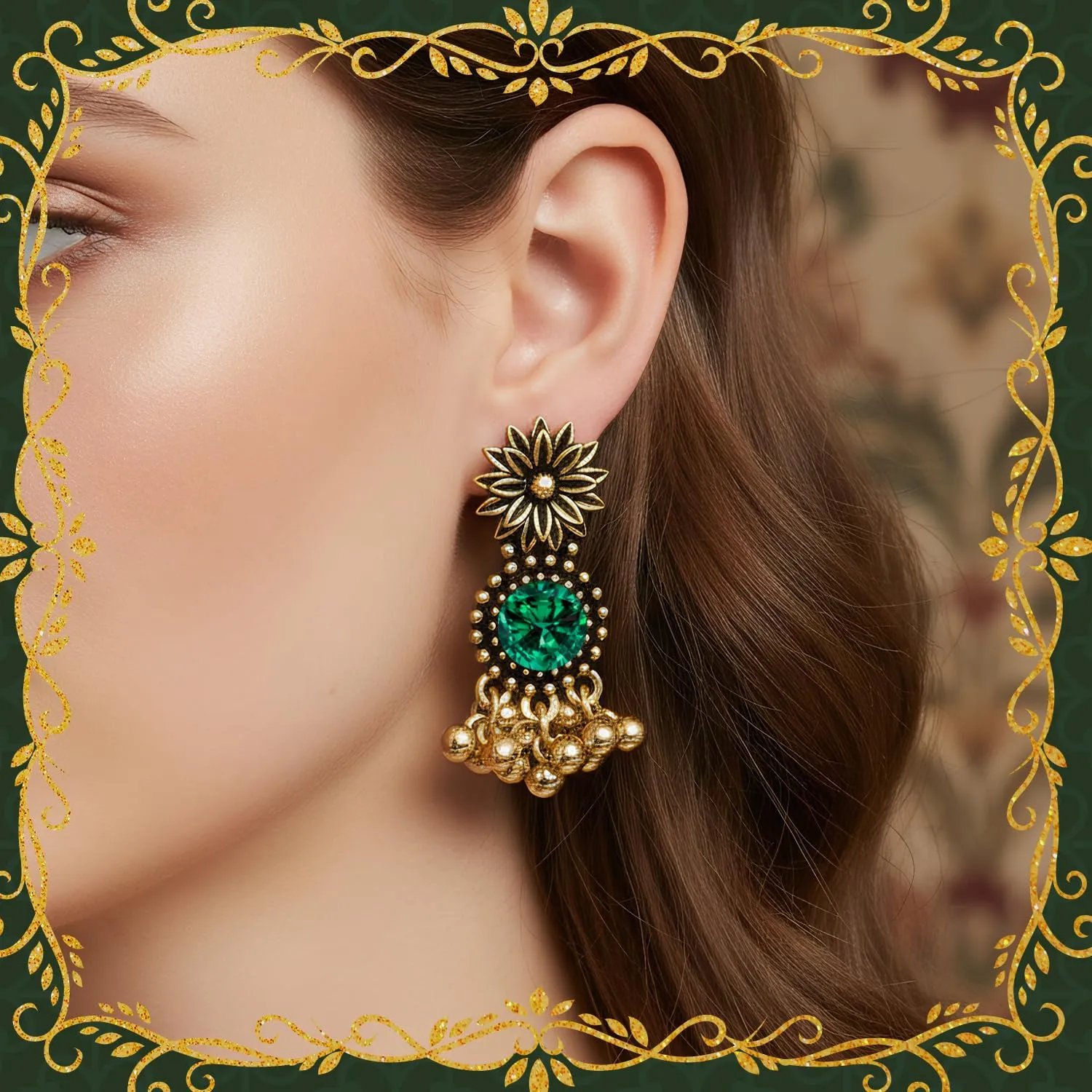 VLYX Set di gioielli tradizionali indiani per donna, collana e orecchini Jhumka, stile Boho etnico, matrimonio, regalo (Verde) - immagine 5