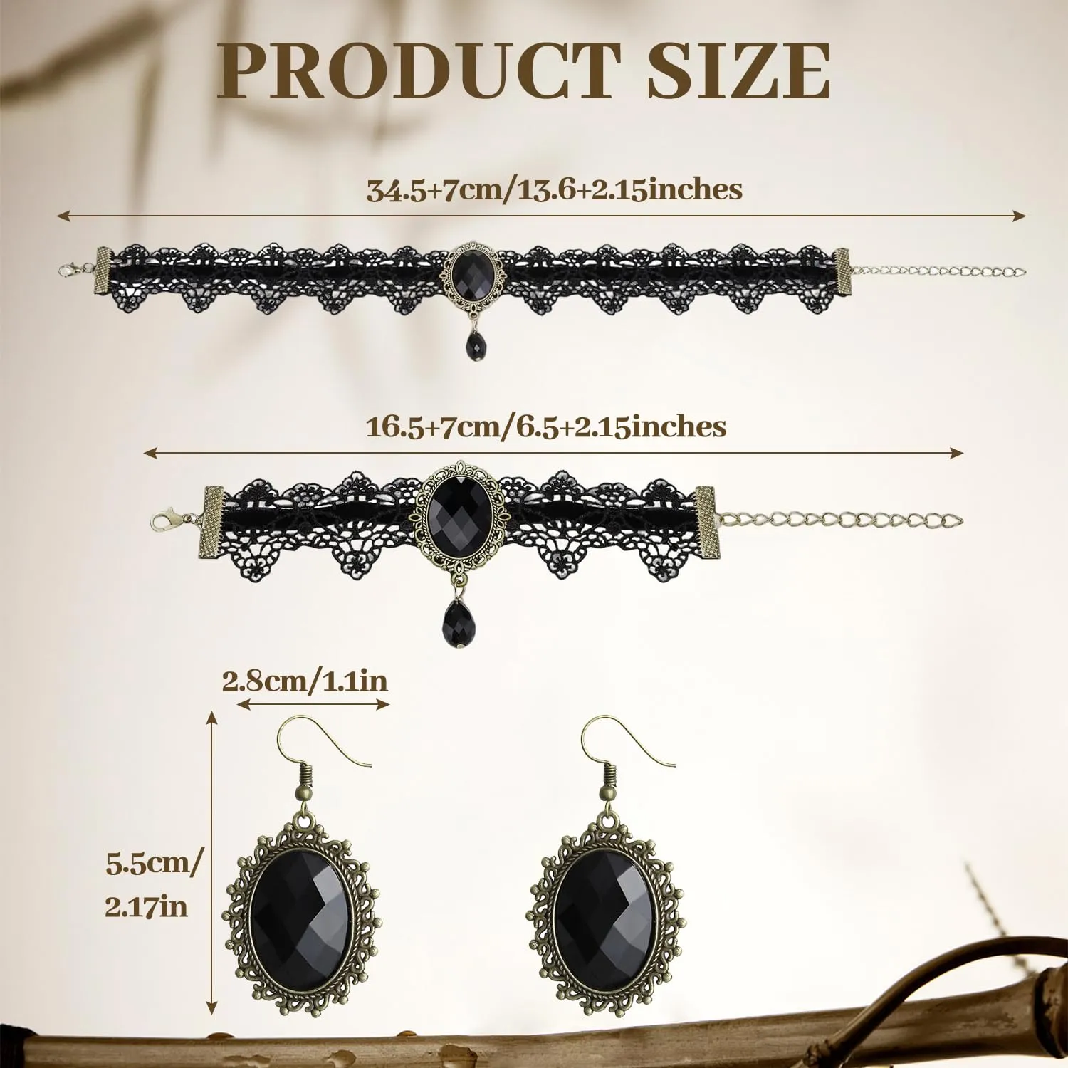 VLYX Collana Gothic Steampunk Vittoriana regolabile con bracciale e orecchini, Pizzo in velluto nero per donna, Costume per feste eleganti (Nero - immagine 3