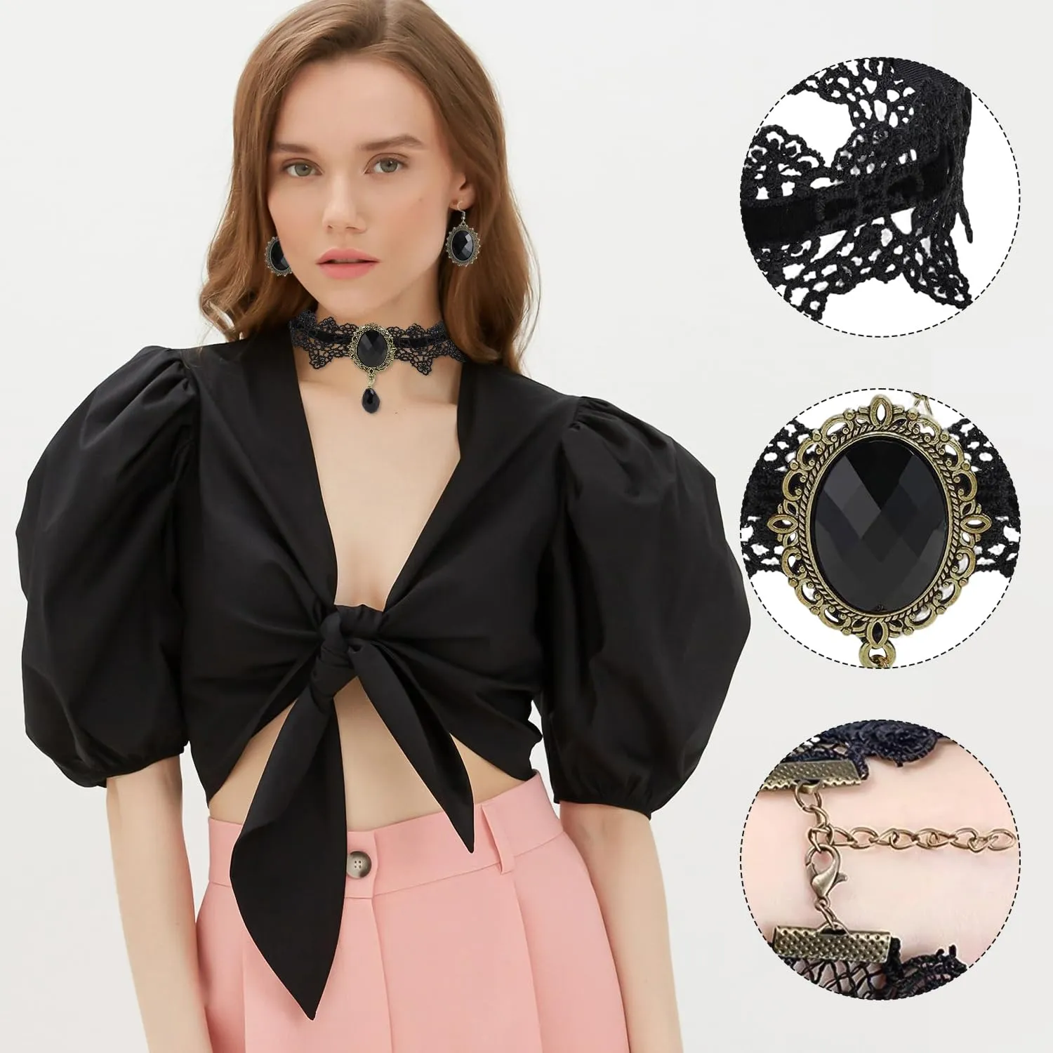 VLYX Collana Gothic Steampunk Vittoriana regolabile con bracciale e orecchini, Pizzo in velluto nero per donna, Costume per feste eleganti (Nero - immagine 4