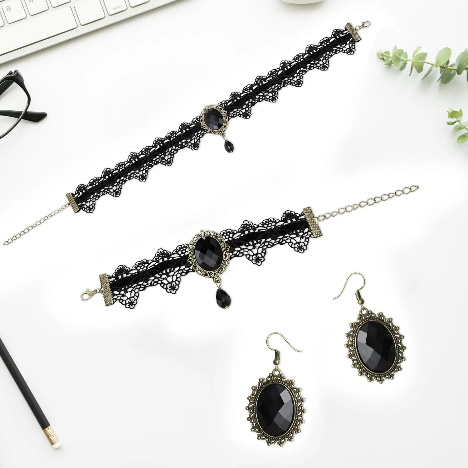 VLYX Collana Gothic Steampunk Vittoriana regolabile con bracciale e orecchini, Pizzo in velluto nero per donna, Costume per feste eleganti (Nero - immagine 5