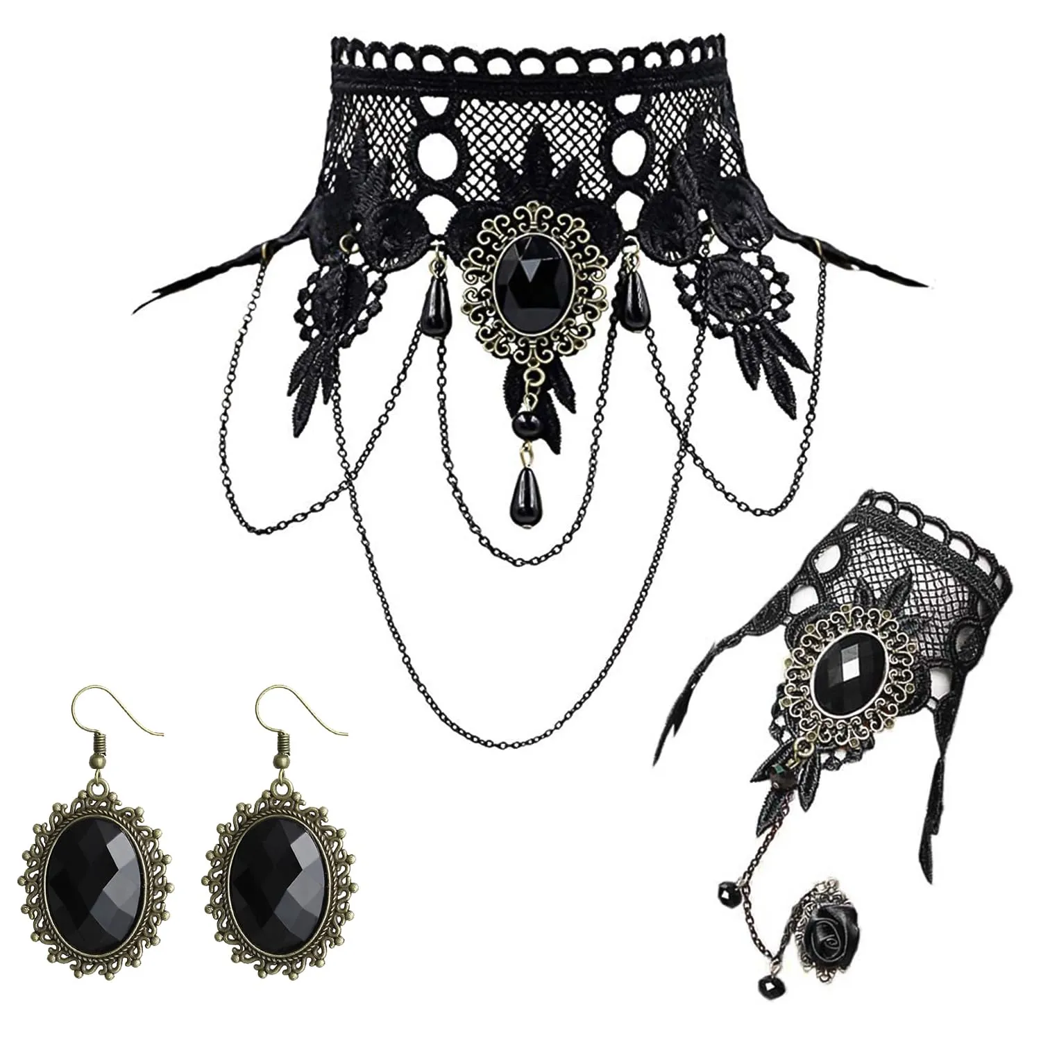 VLYX Set Collana Choker Steampunk Gotico - Collare Vittoriano in Velluto e Pizzo con Bracciale e Orecchini Pendenti per Donna, Gioielli per Feste in Costume - immagine 1