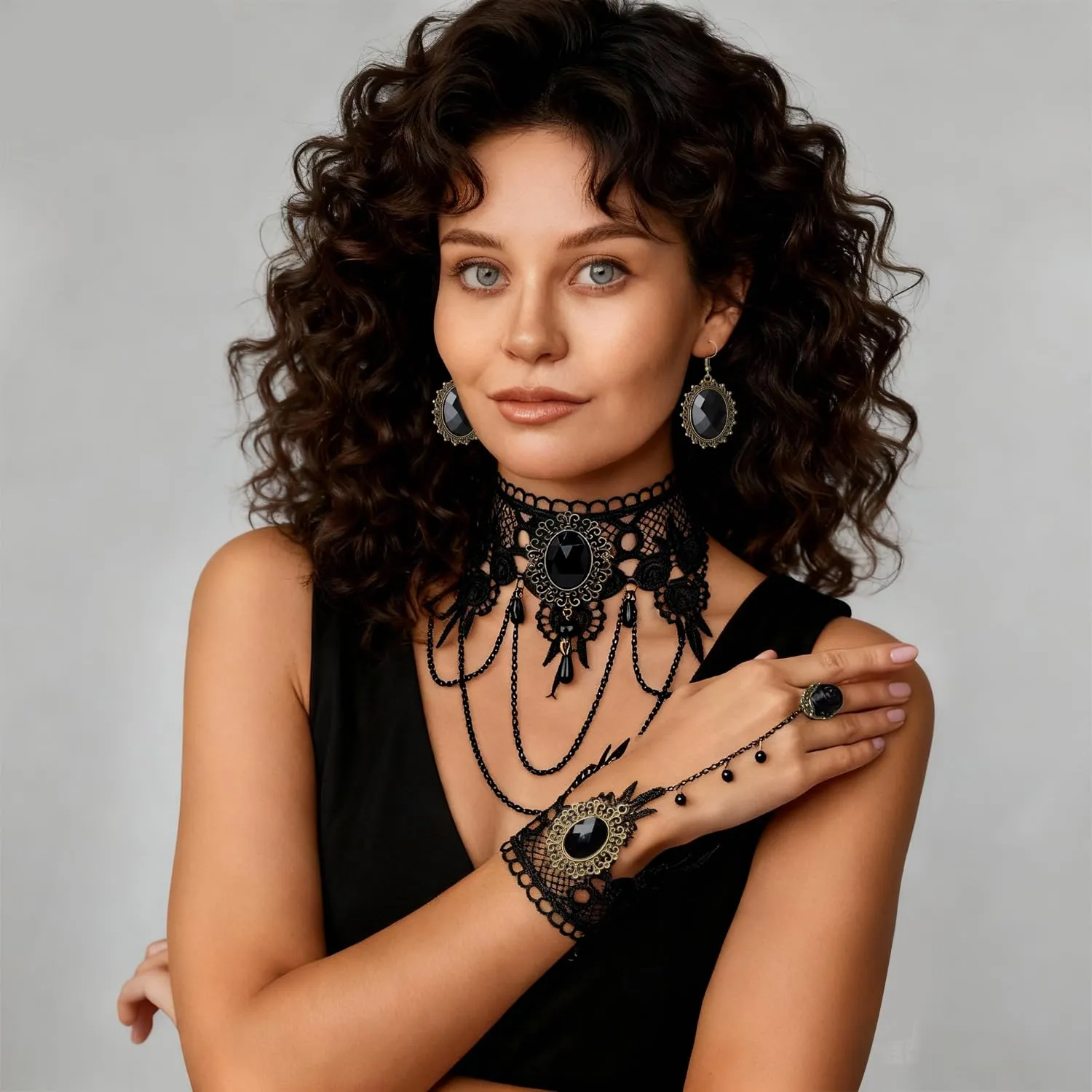 VLYX Set Collana Choker Steampunk Gotico - Collare Vittoriano in Velluto e Pizzo con Bracciale e Orecchini Pendenti per Donna, Gioielli per Feste in Costume - immagine 2