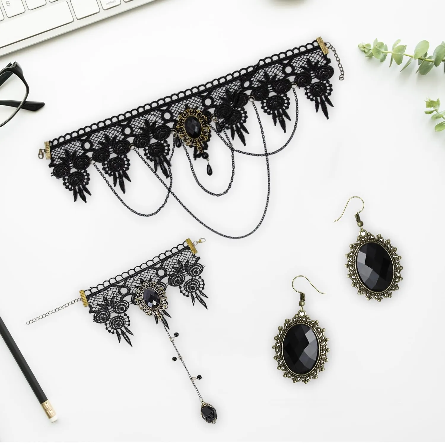 VLYX Set Collana Choker Steampunk Gotico - Collare Vittoriano in Velluto e Pizzo con Bracciale e Orecchini Pendenti per Donna, Gioielli per Feste in Costume - immagine 5