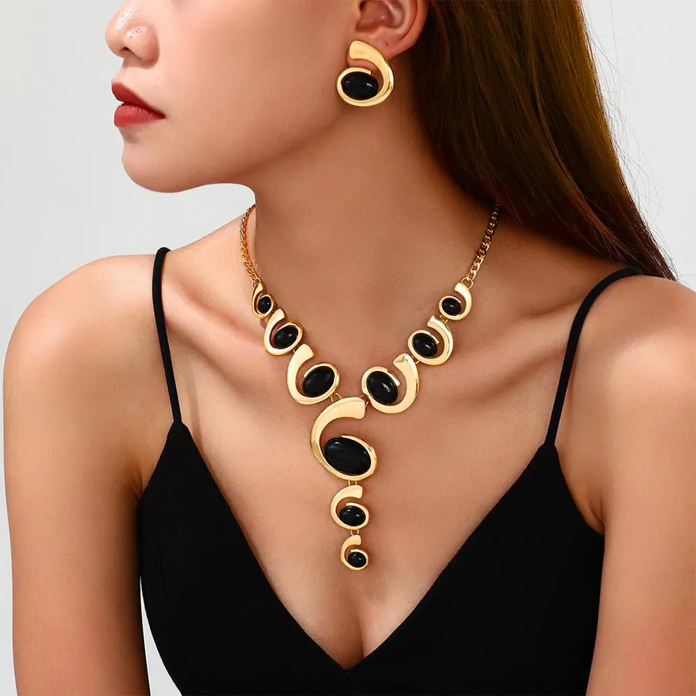 XFSRG Gioielli Donna Set Oro e Argento Nero Stile Boho Western Collana Vintage con Ciondolo Orecchini Abbinati di Lusso Perfetti per Serate Party Look da Effetto - immagine 5