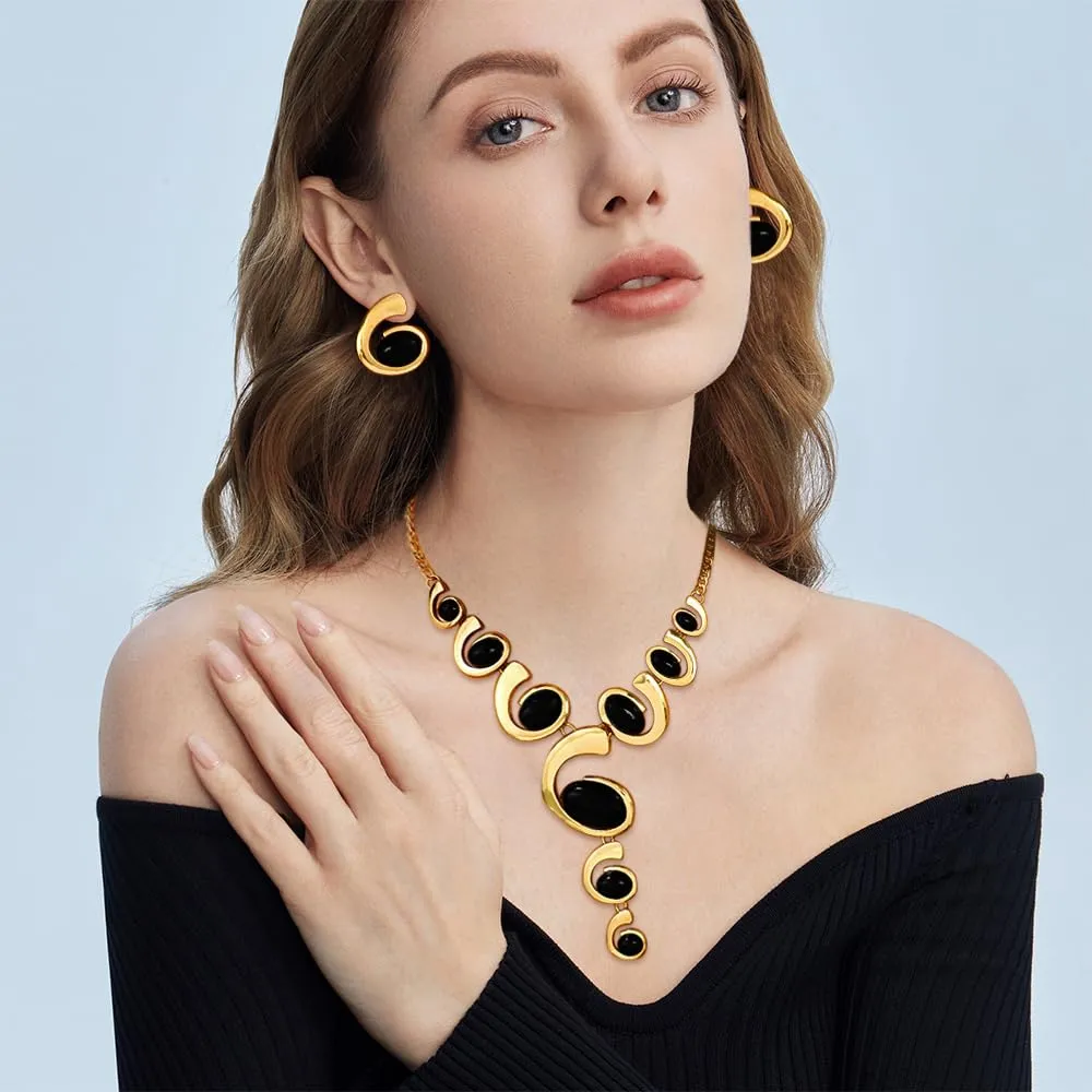 XFSRG Gioielli Donna Set Oro e Argento Nero Stile Boho Western Collana Vintage con Ciondolo Orecchini Abbinati di Lusso Perfetti per Serate Party Look da Effetto - immagine 6