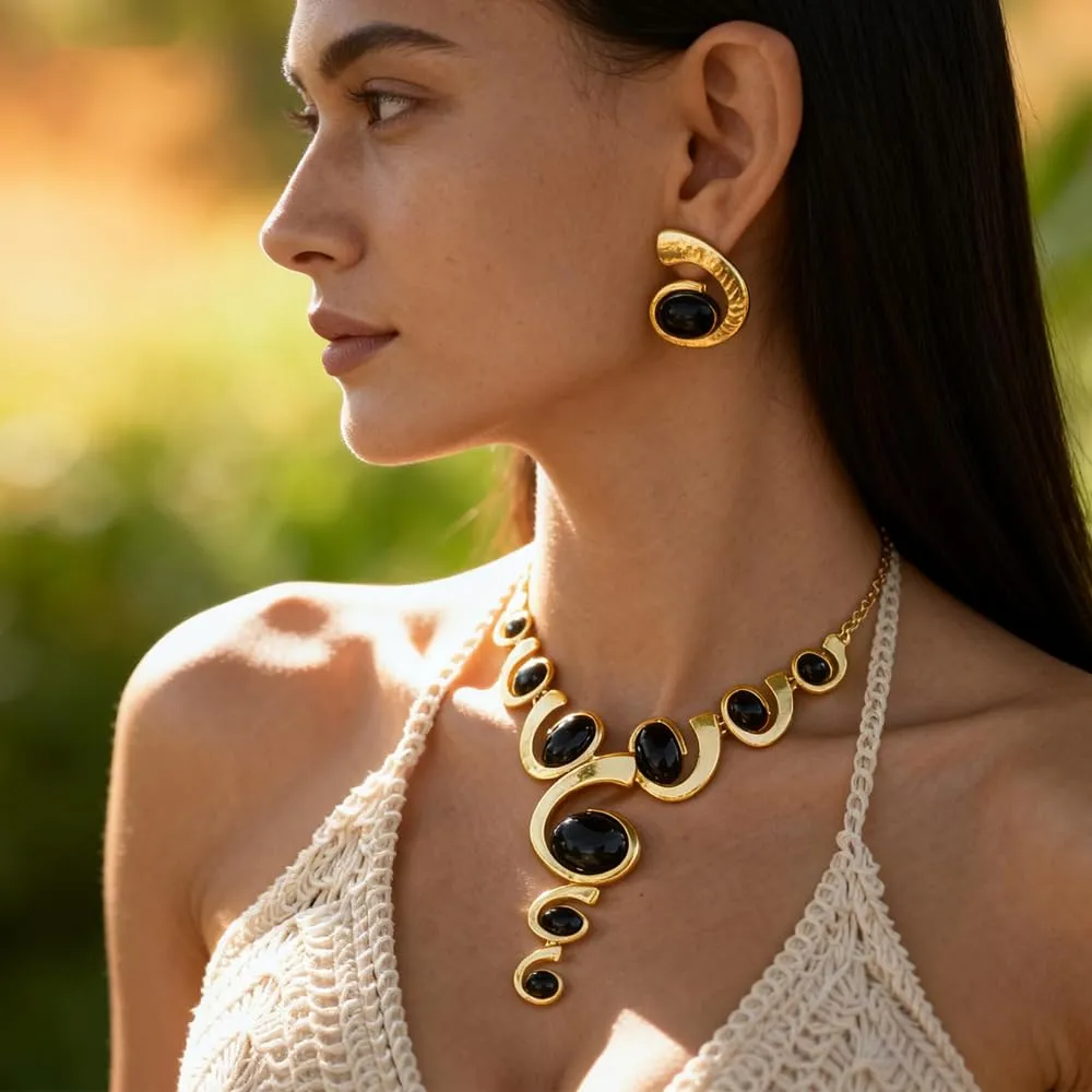 XFSRG Gioielli Donna Set Oro e Argento Nero Stile Boho Western Collana Vintage con Ciondolo Orecchini Abbinati di Lusso Perfetti per Serate Party Look da Effetto - immagine 7