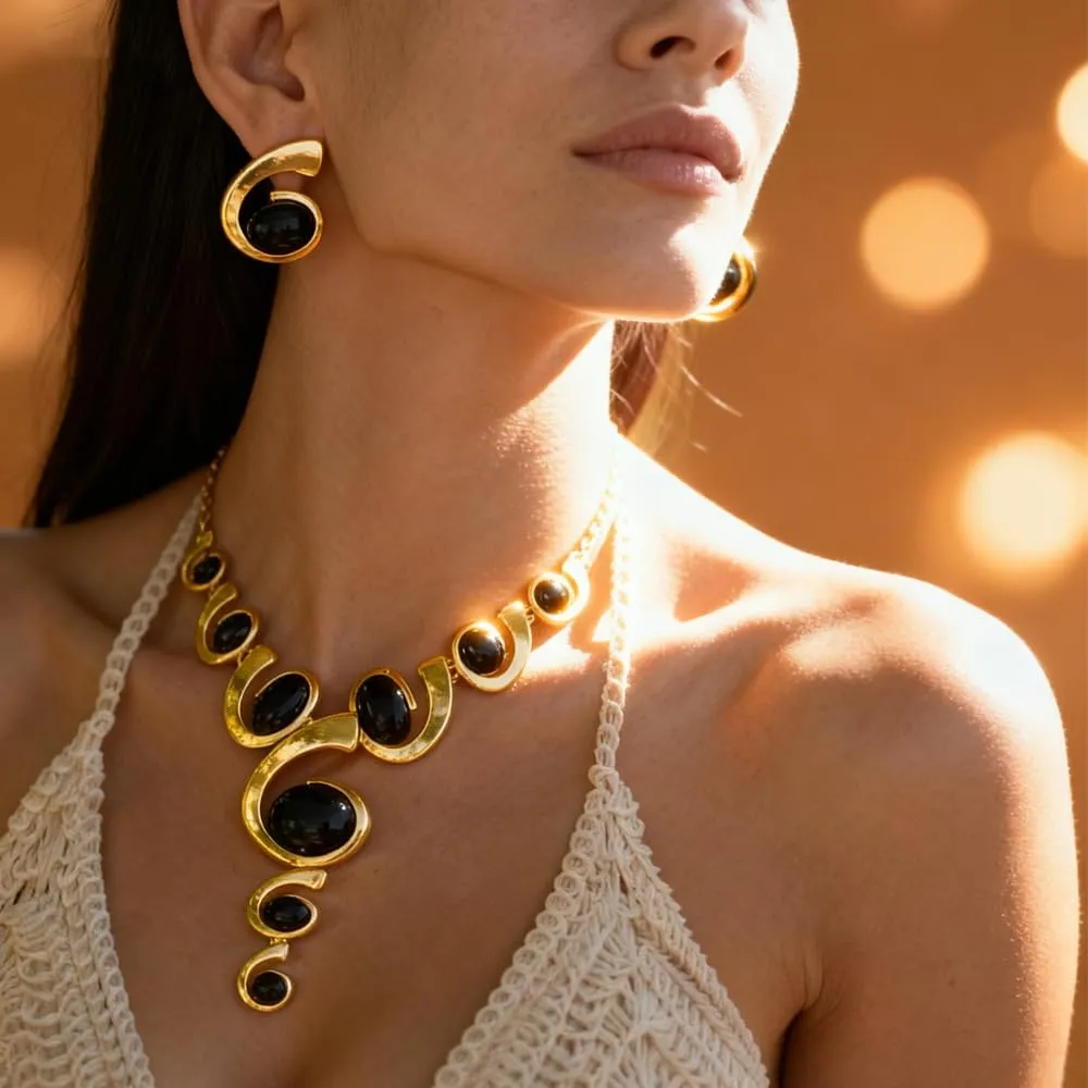 XFSRG Gioielli Donna Set Oro e Argento Nero Stile Boho Western Collana Vintage con Ciondolo Orecchini Abbinati di Lusso Perfetti per Serate Party Look da Effetto - immagine 8