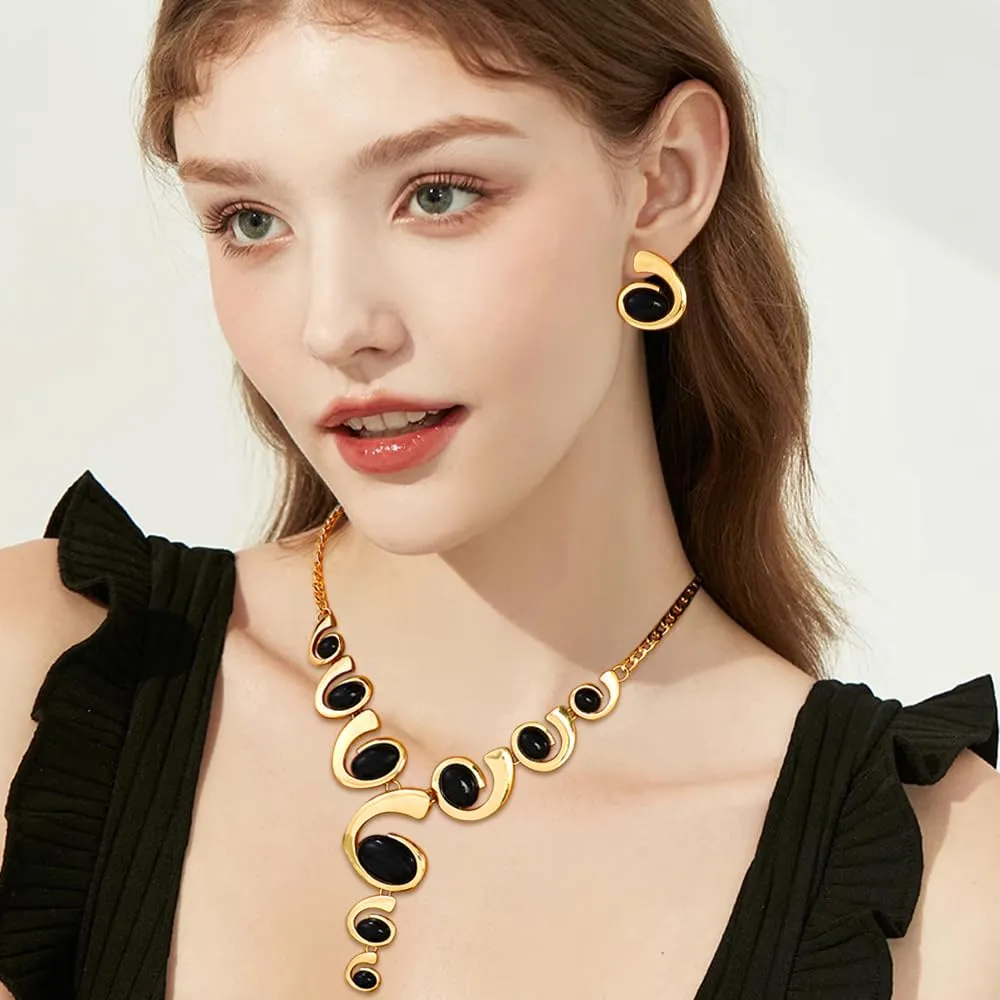 XFSRG Gioielli Donna Set Oro e Argento Nero Stile Boho Western Collana Vintage con Ciondolo Orecchini Abbinati di Lusso Perfetti per Serate Party Look da Effetto - immagine 9