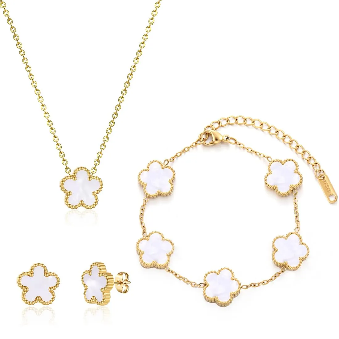 Bcenoilua Parure Gioielli Quadrifoglio da Donna 18K Placcato Oro Fortunato Quadrifoglio Bracciali Collana Orecchini Fiore Set di Gioielli Sposa Regalo per Fidanzata Mamma - immagine 1