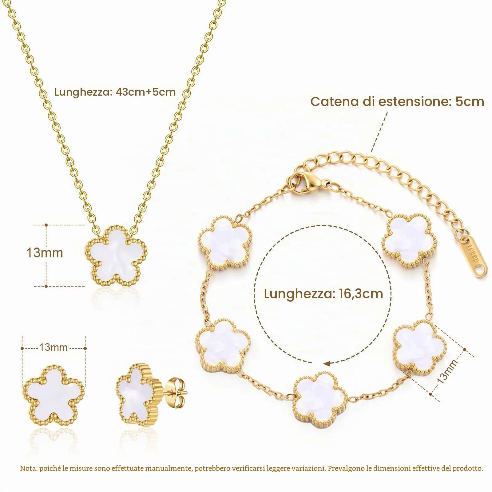 Bcenoilua Parure Gioielli Quadrifoglio da Donna 18K Placcato Oro Fortunato Quadrifoglio Bracciali Collana Orecchini Fiore Set di Gioielli Sposa Regalo per Fidanzata Mamma - immagine 2