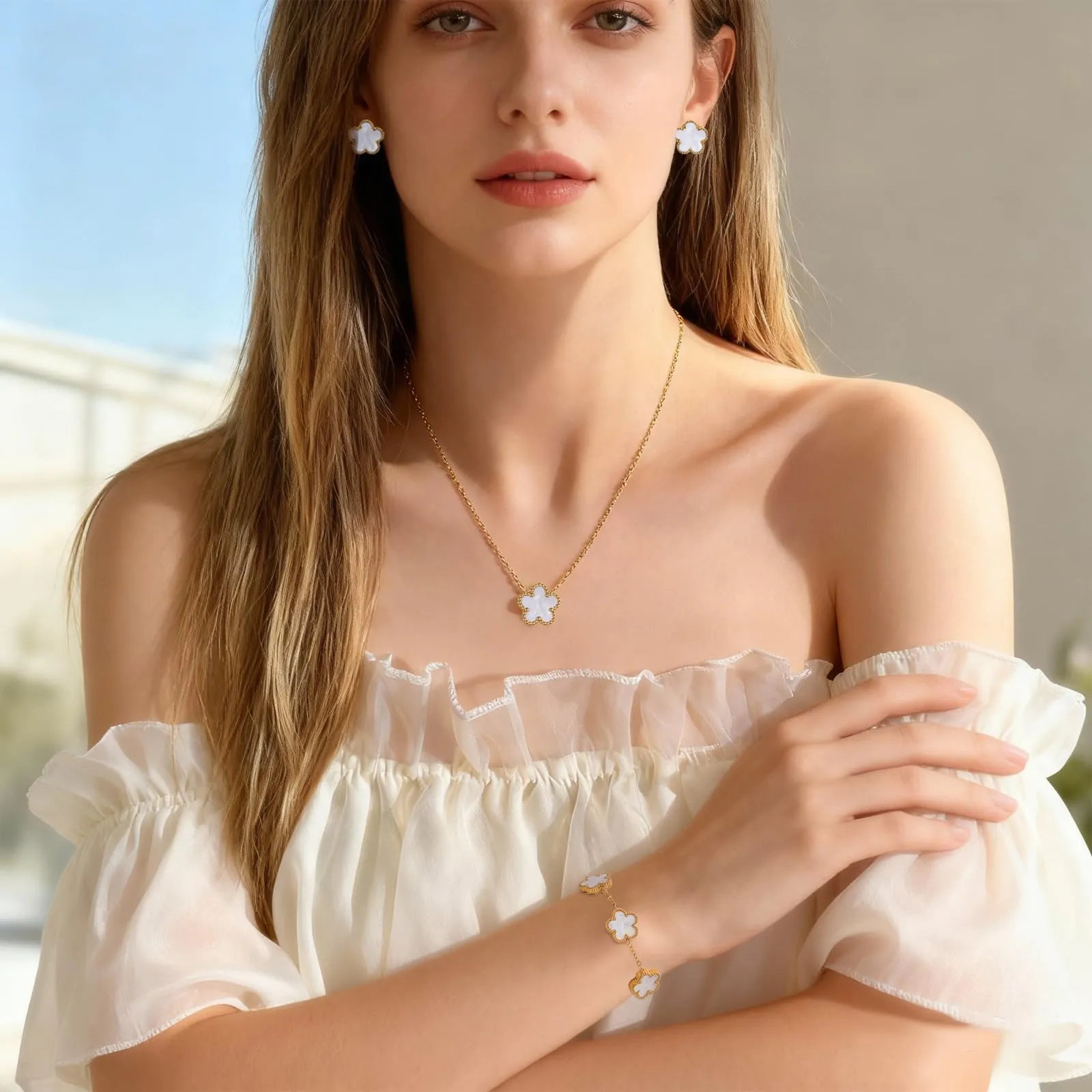 Bcenoilua Parure Gioielli Quadrifoglio da Donna 18K Placcato Oro Fortunato Quadrifoglio Bracciali Collana Orecchini Fiore Set di Gioielli Sposa Regalo per Fidanzata Mamma - immagine 4
