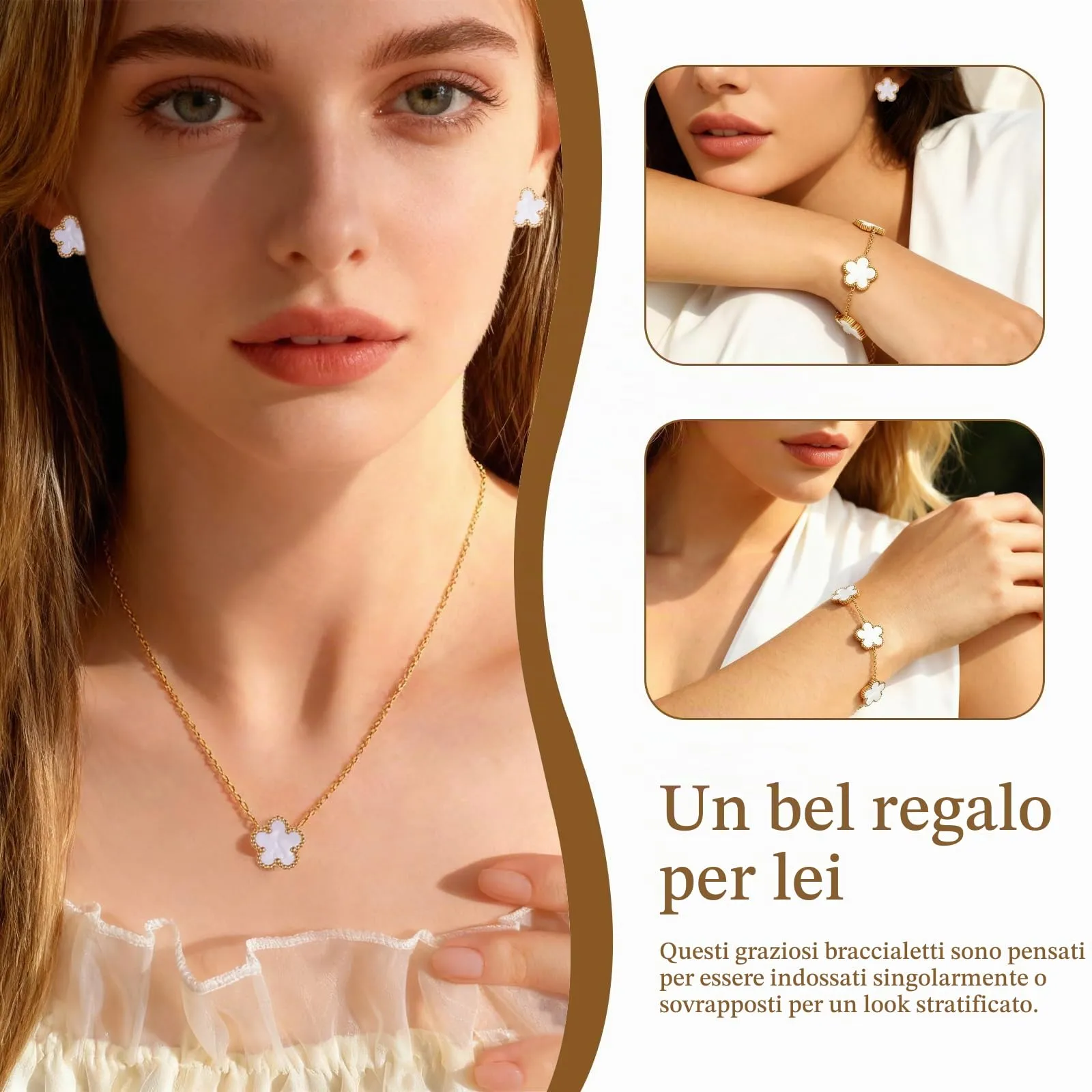Bcenoilua Parure Gioielli Quadrifoglio da Donna 18K Placcato Oro Fortunato Quadrifoglio Bracciali Collana Orecchini Fiore Set di Gioielli Sposa Regalo per Fidanzata Mamma - immagine 7