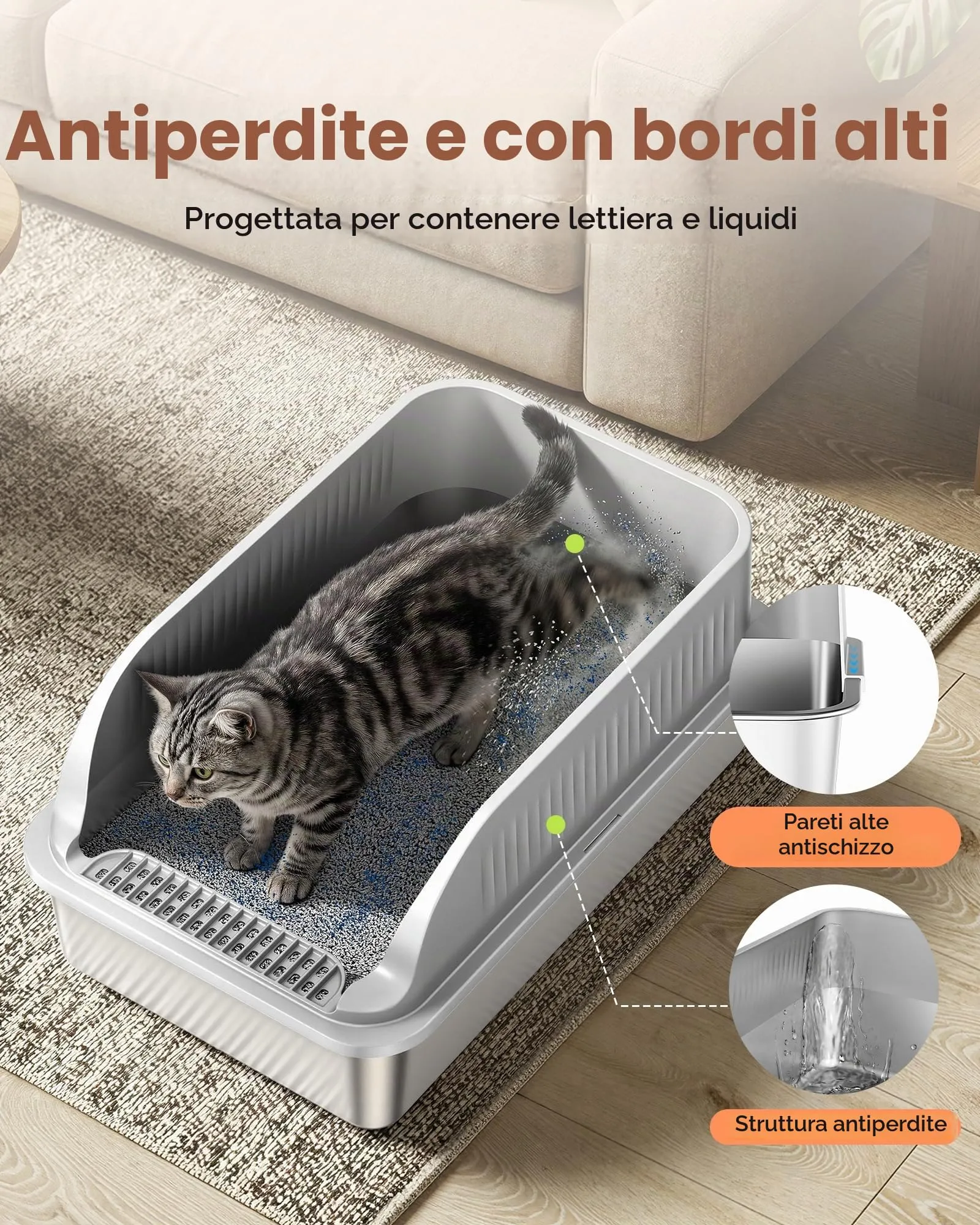 Lettiera Gatto Acciaio Inox, Lettiera per Gatti con Paletta, Toilette per Gatti Grande XXL, Sabbiera Alta Rimovibili, Antiodore, Facile da Pulire, Antiaderente e Spaziosa, Grigio Chiaro - immagine 2
