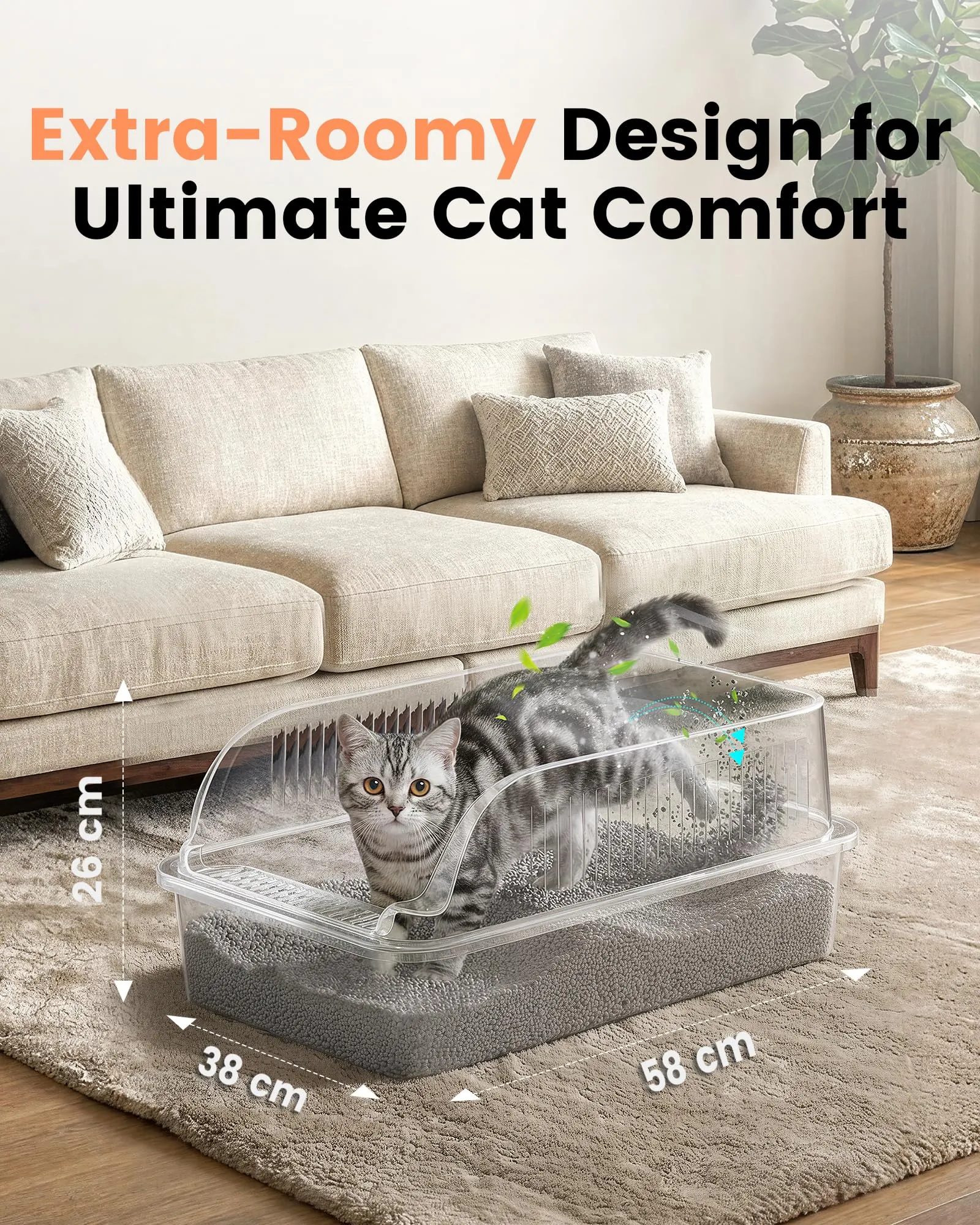 Lettiera Gatto Acciaio Inox, Lettiera per Gatti con Paletta, Toilette per Gatti Grande XXL, Sabbiera Alta Rimovibili, Antiodore, Facile da Pulire, Antiaderente e Spaziosa, Grigio Chiaro - immagine 3