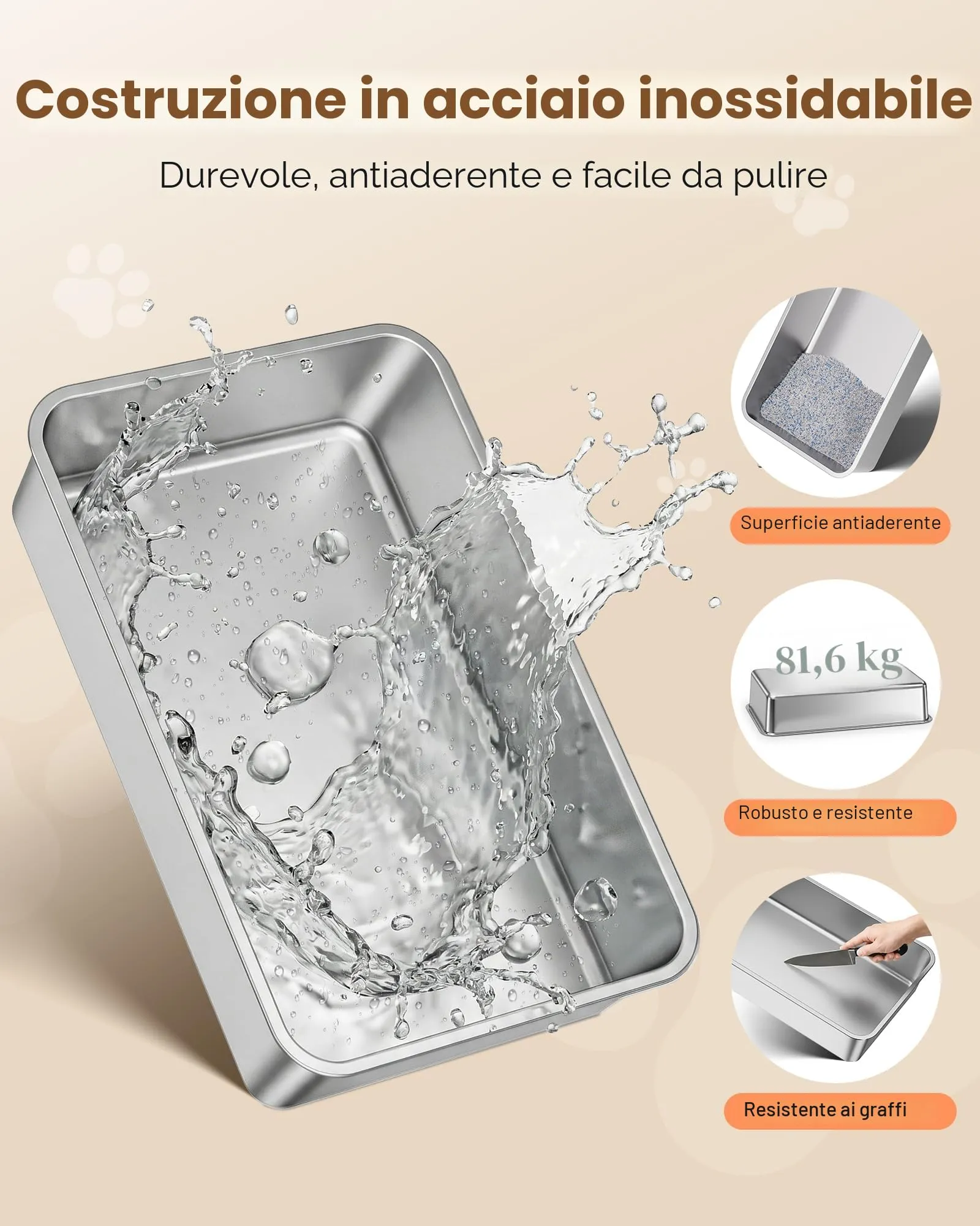 Lettiera Gatto Acciaio Inox, Lettiera per Gatti con Paletta, Toilette per Gatti Grande XXL, Sabbiera Alta Rimovibili, Antiodore, Facile da Pulire, Antiaderente e Spaziosa, Grigio Chiaro - immagine 4