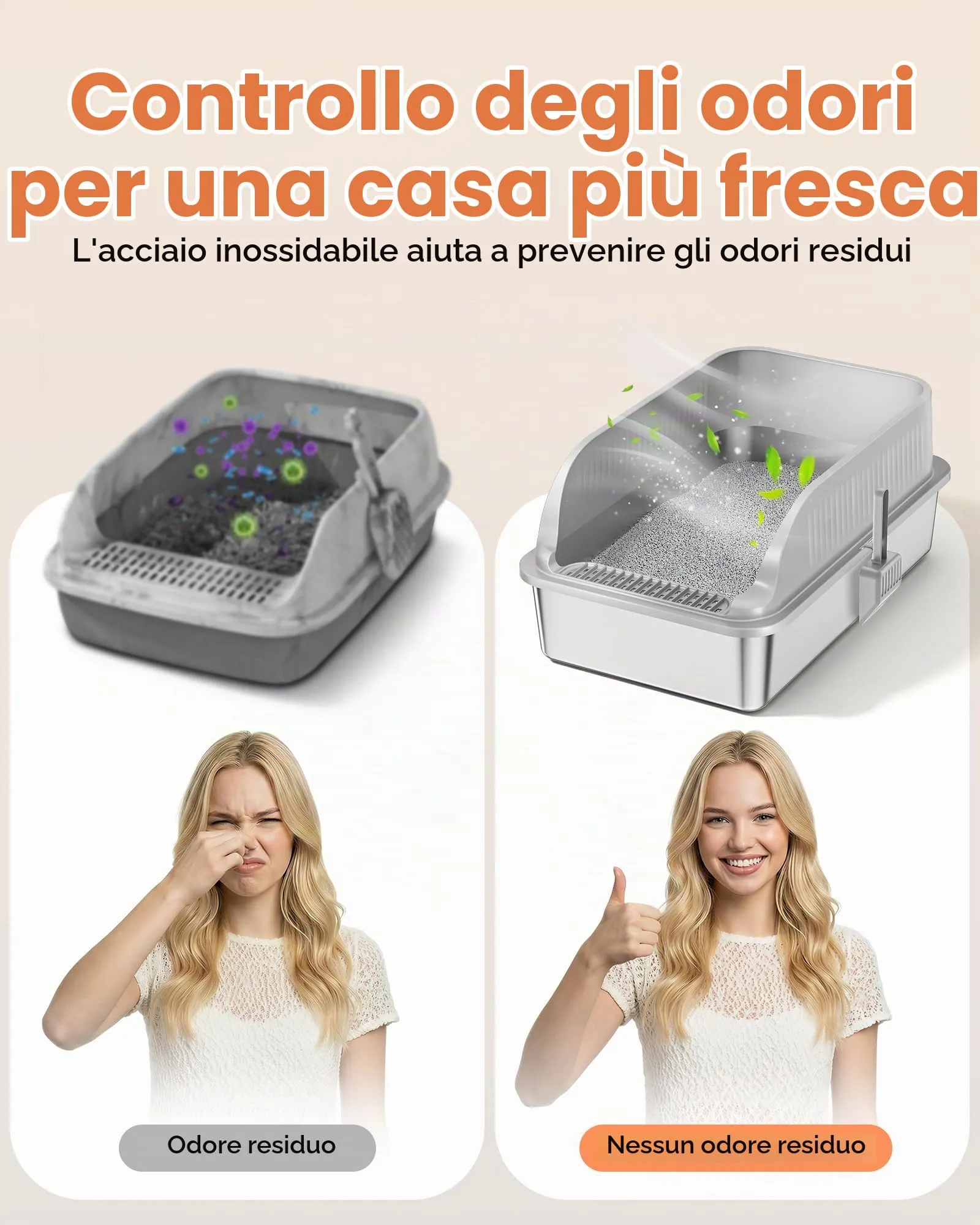 Lettiera Gatto Acciaio Inox, Lettiera per Gatti con Paletta, Toilette per Gatti Grande XXL, Sabbiera Alta Rimovibili, Antiodore, Facile da Pulire, Antiaderente e Spaziosa, Grigio Chiaro - immagine 5