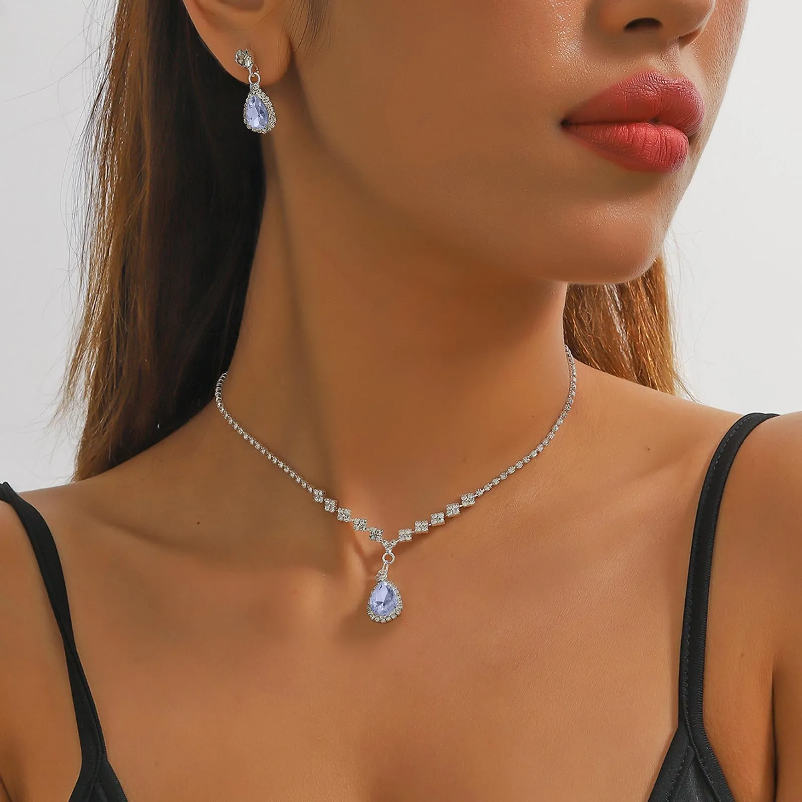 Set di Gioielli da Sposa in Argento con Strass Brillanti Cristallo Collana Orecchini Braccialetti Set Eleganti Goccia Zirconia Cubica Parure Gioielli Regalo da Ballo Formali per Spose (Argento4) - immagine 4