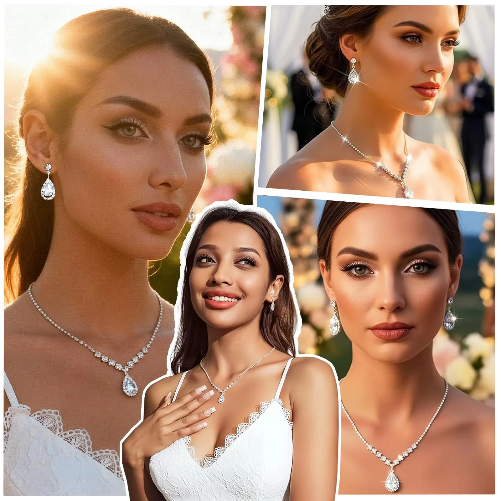Set di Gioielli da Sposa in Argento con Strass Brillanti Cristallo Collana Orecchini Braccialetti Set Eleganti Goccia Zirconia Cubica Parure Gioielli Regalo da Ballo Formali per Spose (Argento4) - immagine 8