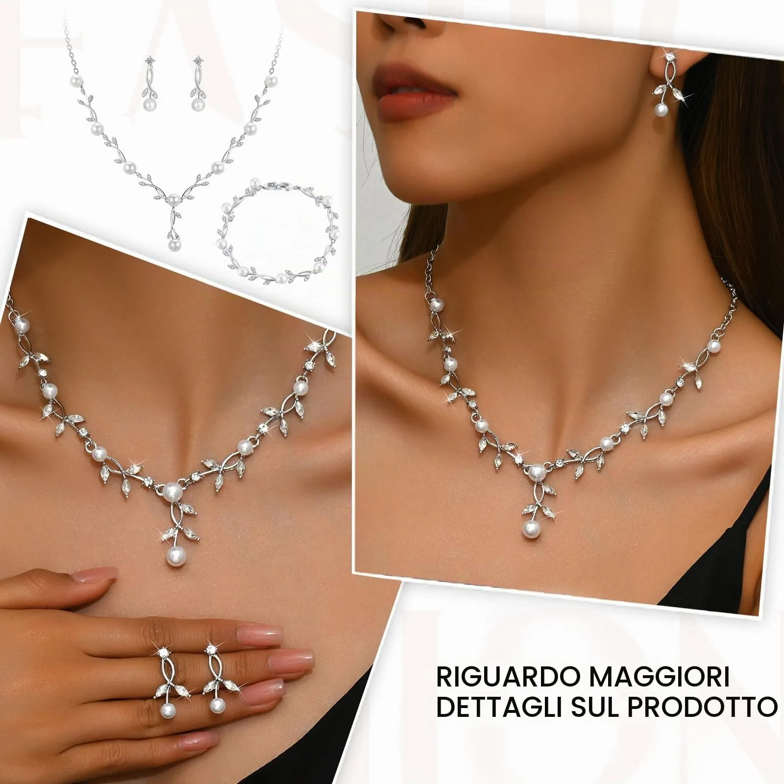 Set di Gioielli da Sposa in Argento con Strass Brillanti Cristallo Collana Orecchini Braccialetti Set Eleganti Goccia Zirconia Cubica Parure Gioielli Regalo da Ballo Formali per Spose (Argento3) - immagine 3
