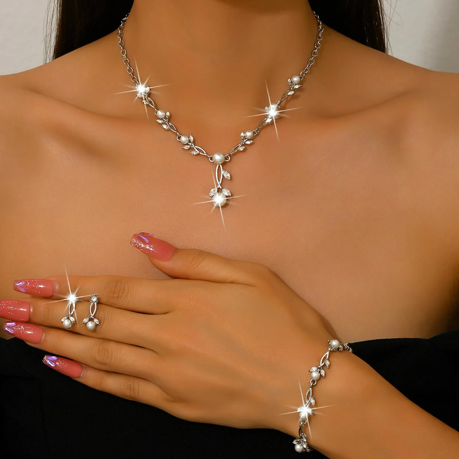 Set di Gioielli da Sposa in Argento con Strass Brillanti Cristallo Collana Orecchini Braccialetti Set Eleganti Goccia Zirconia Cubica Parure Gioielli Regalo da Ballo Formali per Spose (Argento3) - immagine 4