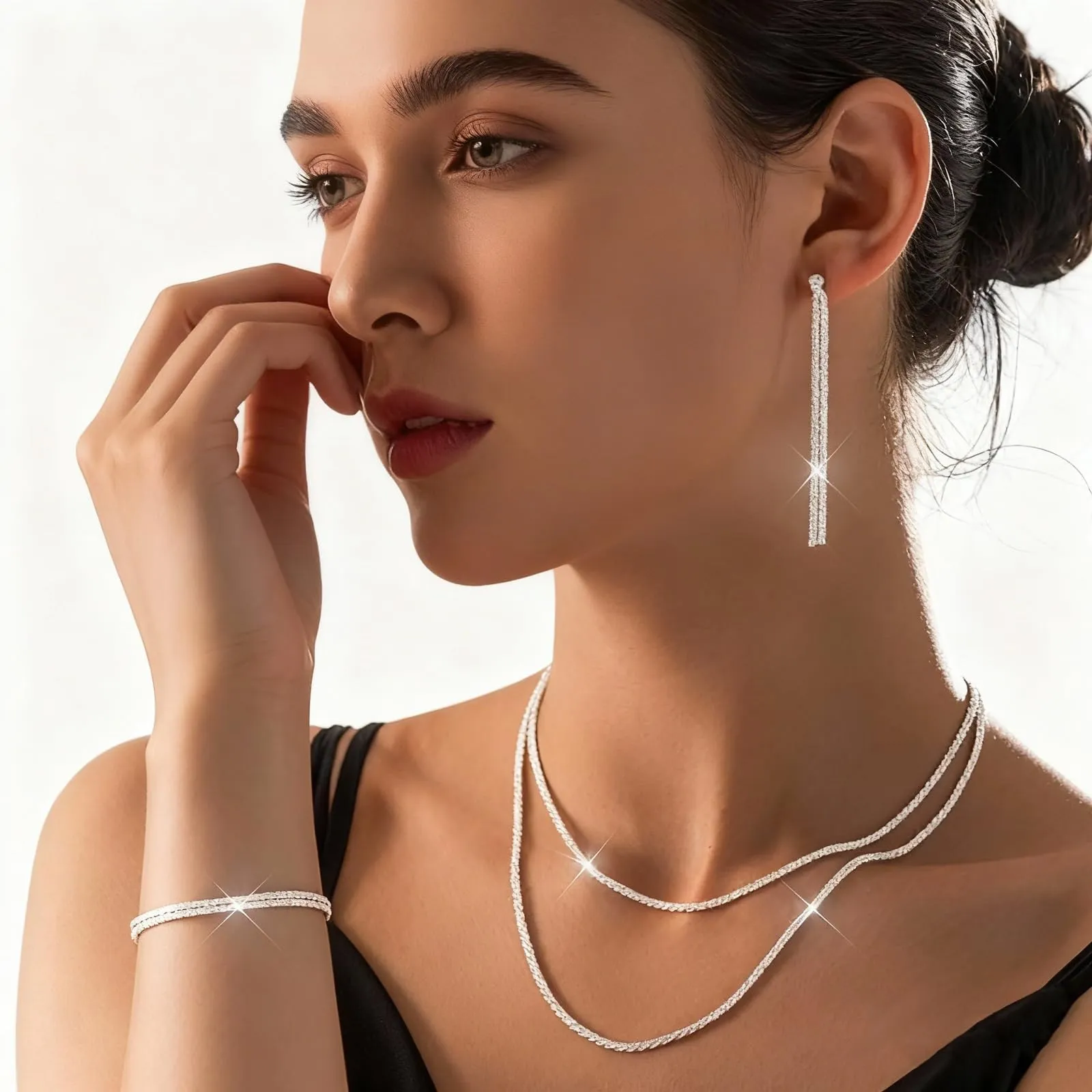 Set di Gioielli da Sposa in Argento con Strass Brillanti Cristallo Collana Orecchini Braccialetti Set Eleganti Goccia Zirconia Cubica Parure Gioielli Regalo da Ballo Formali per Spose (Argento1) - immagine 3