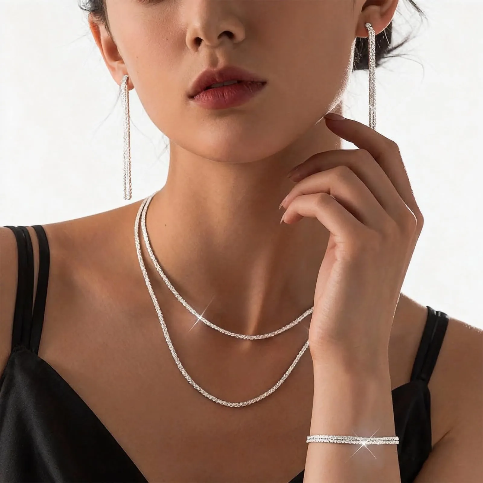 Set di Gioielli da Sposa in Argento con Strass Brillanti Cristallo Collana Orecchini Braccialetti Set Eleganti Goccia Zirconia Cubica Parure Gioielli Regalo da Ballo Formali per Spose (Argento1) - immagine 4