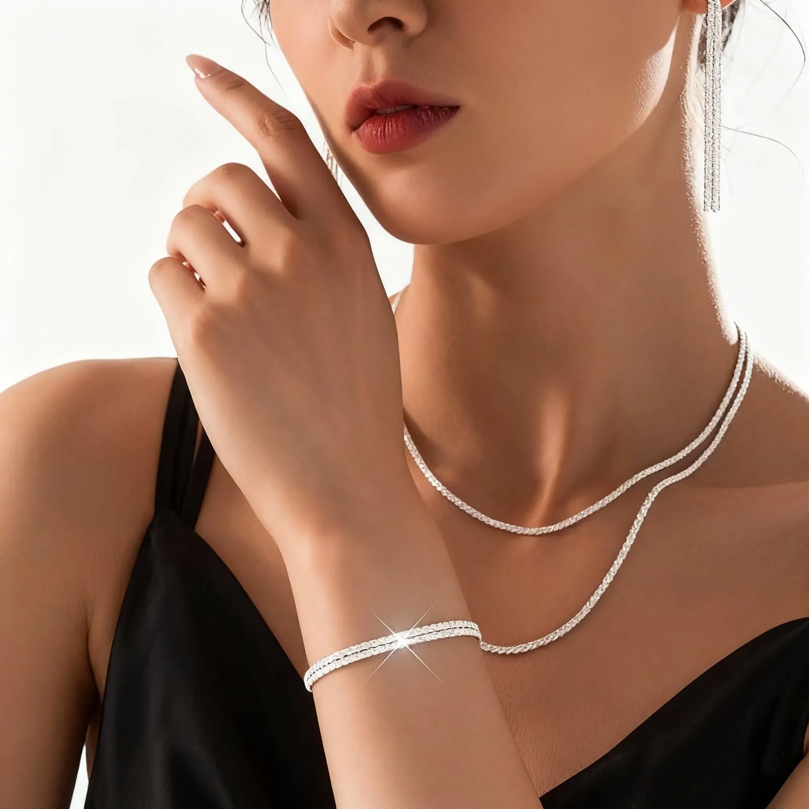Set di Gioielli da Sposa in Argento con Strass Brillanti Cristallo Collana Orecchini Braccialetti Set Eleganti Goccia Zirconia Cubica Parure Gioielli Regalo da Ballo Formali per Spose (Argento1) - immagine 5