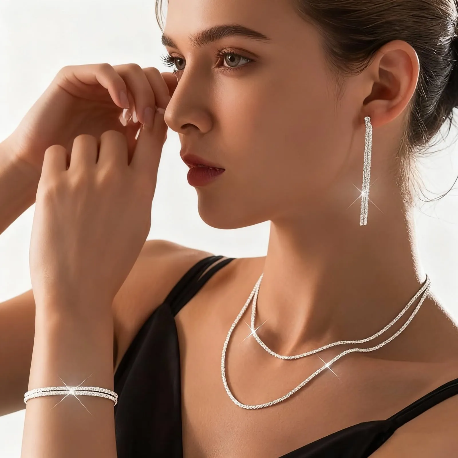 Set di Gioielli da Sposa in Argento con Strass Brillanti Cristallo Collana Orecchini Braccialetti Set Eleganti Goccia Zirconia Cubica Parure Gioielli Regalo da Ballo Formali per Spose (Argento1) - immagine 6