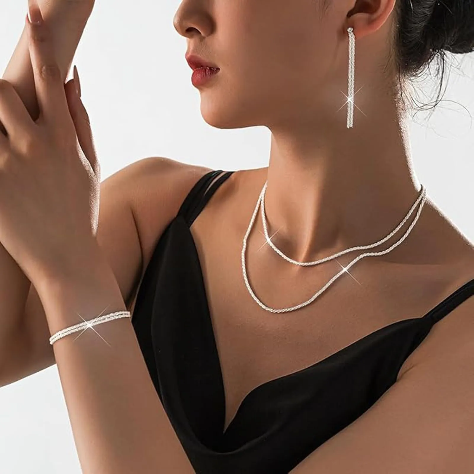 Set di Gioielli da Sposa in Argento con Strass Brillanti Cristallo Collana Orecchini Braccialetti Set Eleganti Goccia Zirconia Cubica Parure Gioielli Regalo da Ballo Formali per Spose (Argento1) - immagine 7