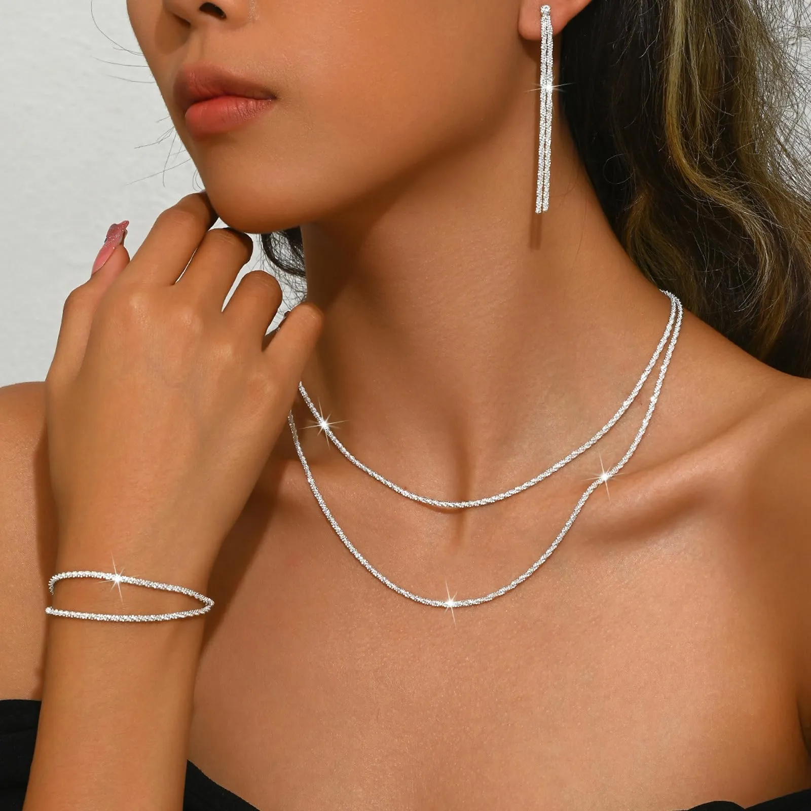 Set di Gioielli da Sposa in Argento con Strass Brillanti Cristallo Collana Orecchini Braccialetti Set Eleganti Goccia Zirconia Cubica Parure Gioielli Regalo da Ballo Formali per Spose (Argento1) - immagine 8