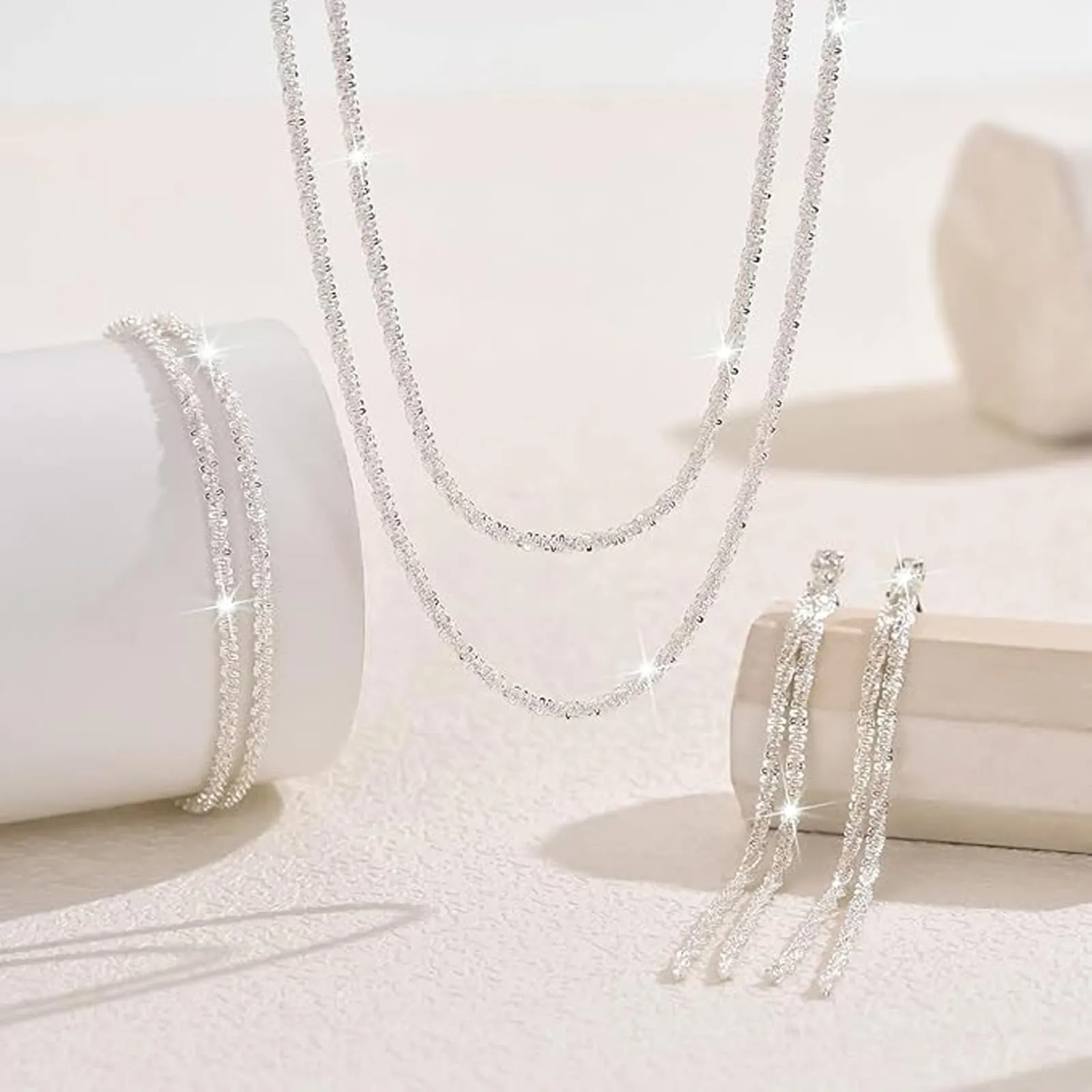 Set di Gioielli da Sposa in Argento con Strass Brillanti Cristallo Collana Orecchini Braccialetti Set Eleganti Goccia Zirconia Cubica Parure Gioielli Regalo da Ballo Formali per Spose (Argento1) - immagine 9