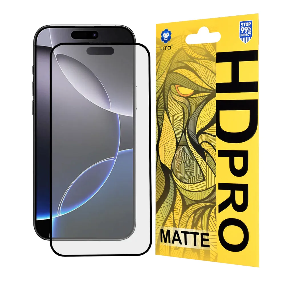 Pellicola protettiva per schermo opaca Lito HD Pro per Apple iPhone 16 Pro Max, vetro temperato, adesivo completo, nero - immagine 1
