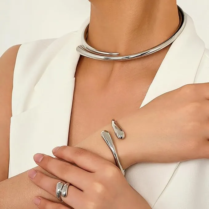KBRPEY Lacrima Parure Gioielli Donna Placcato Oro Argento Collana Bracciale Anello Regolabile Set di Gioielli Regalo per Donne e Ragazze (Argento) - immagine 4