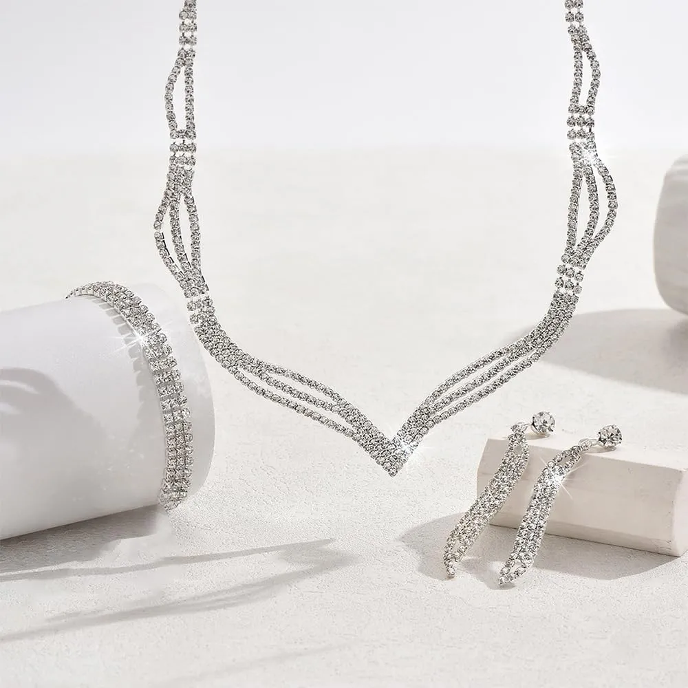 KBRPEY Set di Gioielli Donna Elegante Collana Orecchini Bracciale Anello Cristalli Brillanti Moda Accessori per Feste Matrimoni Cerimonie (Argento) - immagine 2